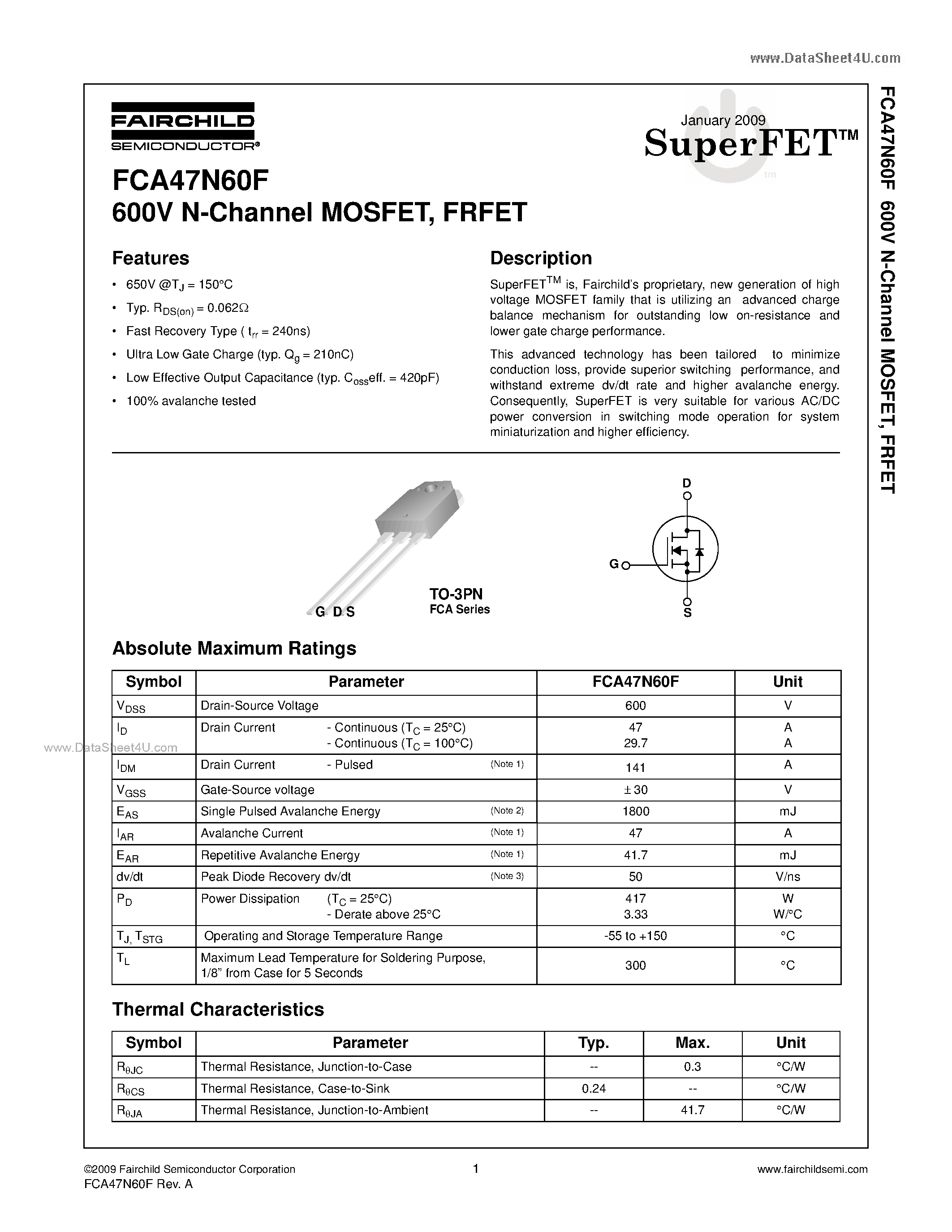 Datasheet FCA47N60F - 600V N-Channel MOSFET page 1
