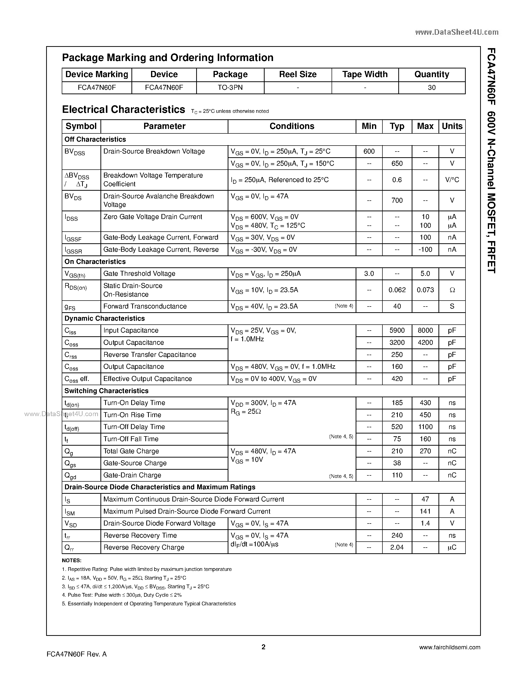 Datasheet FCA47N60F - 600V N-Channel MOSFET page 2
