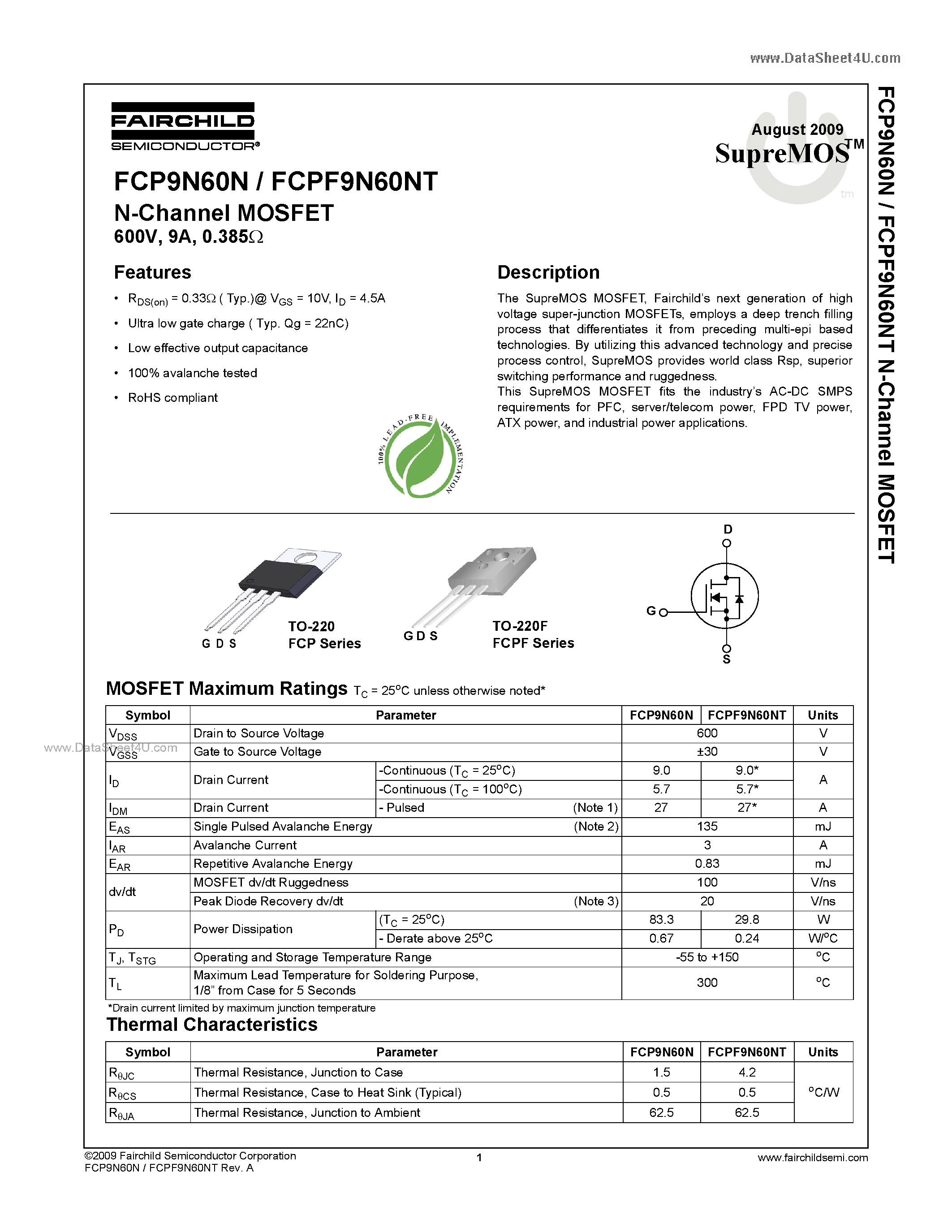 Datasheet FCPF9N60NT - N-Channel MOSFET page 1
