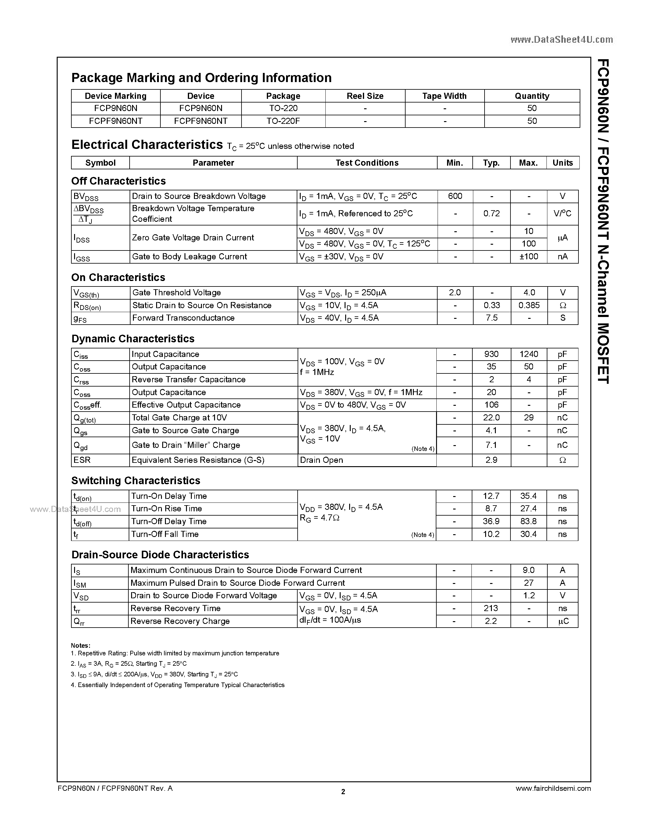 Datasheet FCPF9N60NT - N-Channel MOSFET page 2