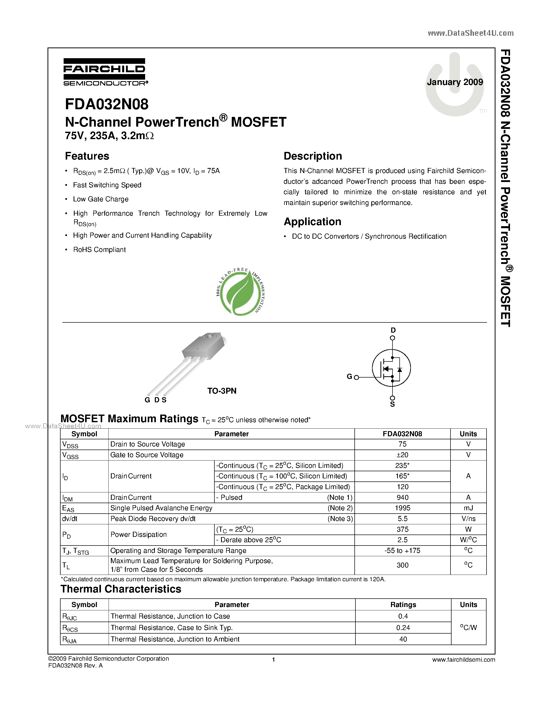 Datasheet FDA032N08 - N-Channel PowerTrench MOSFET page 1