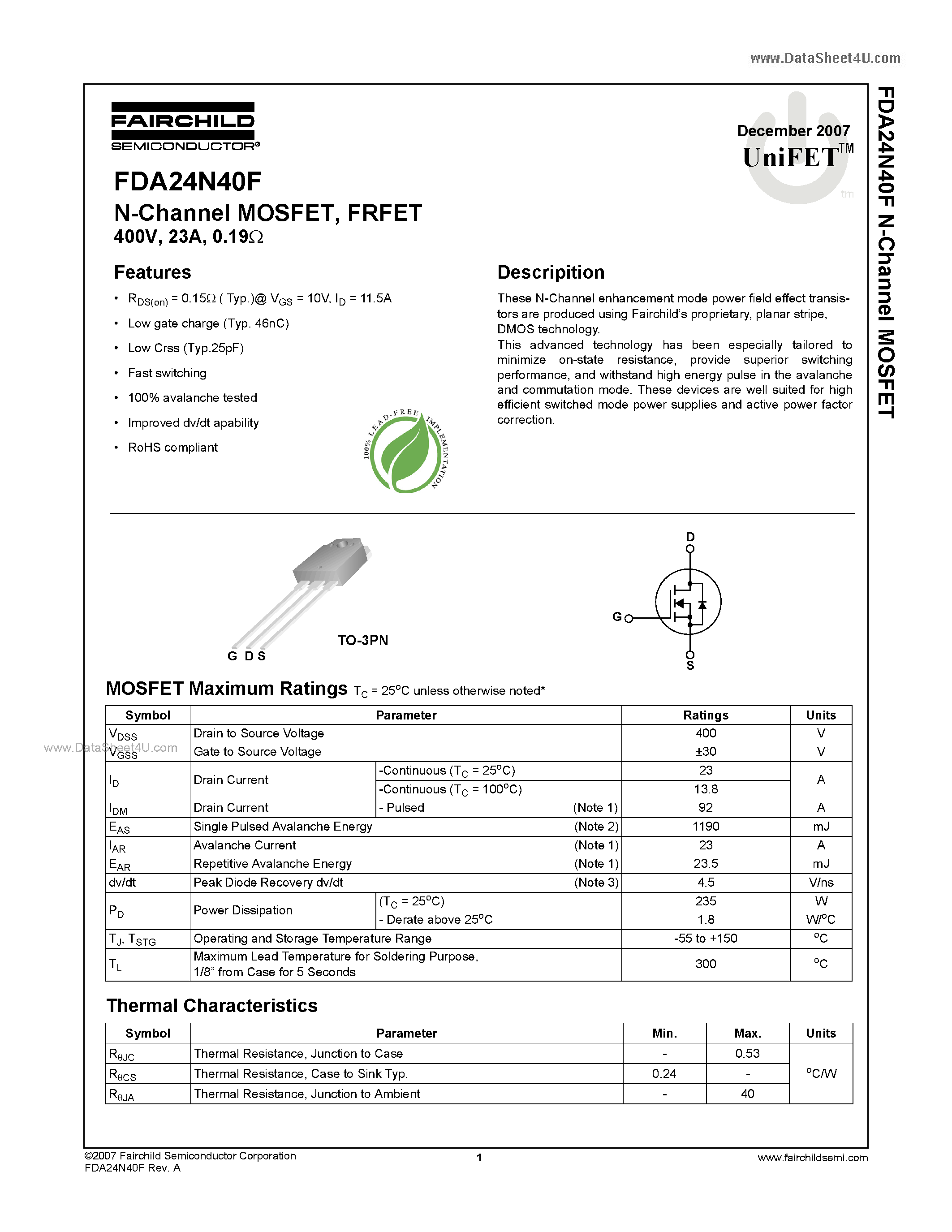 Datasheet FDA24N40F - N-Channel MOSFET page 1
