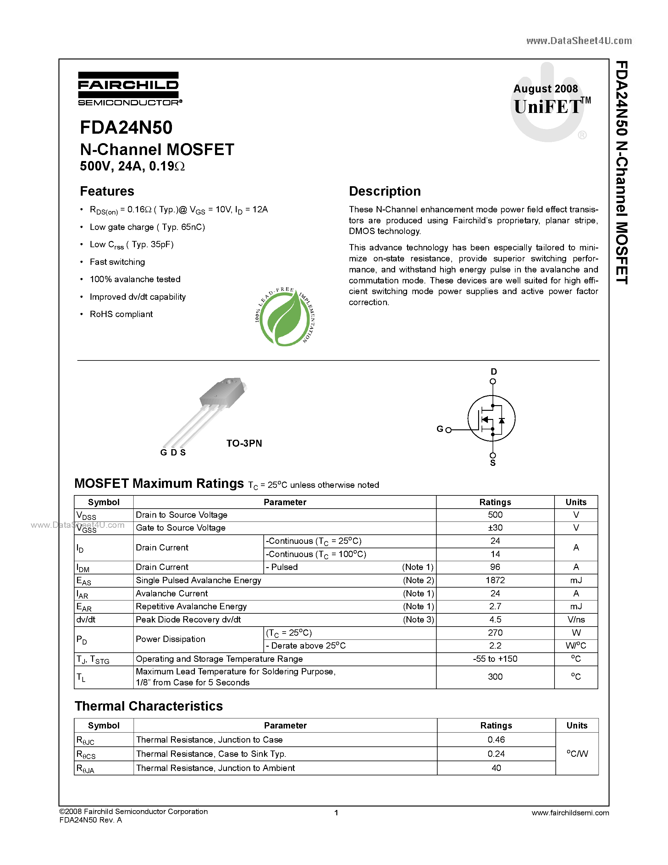 Datasheet FDA24N50 - N-Channel MOSFET page 1