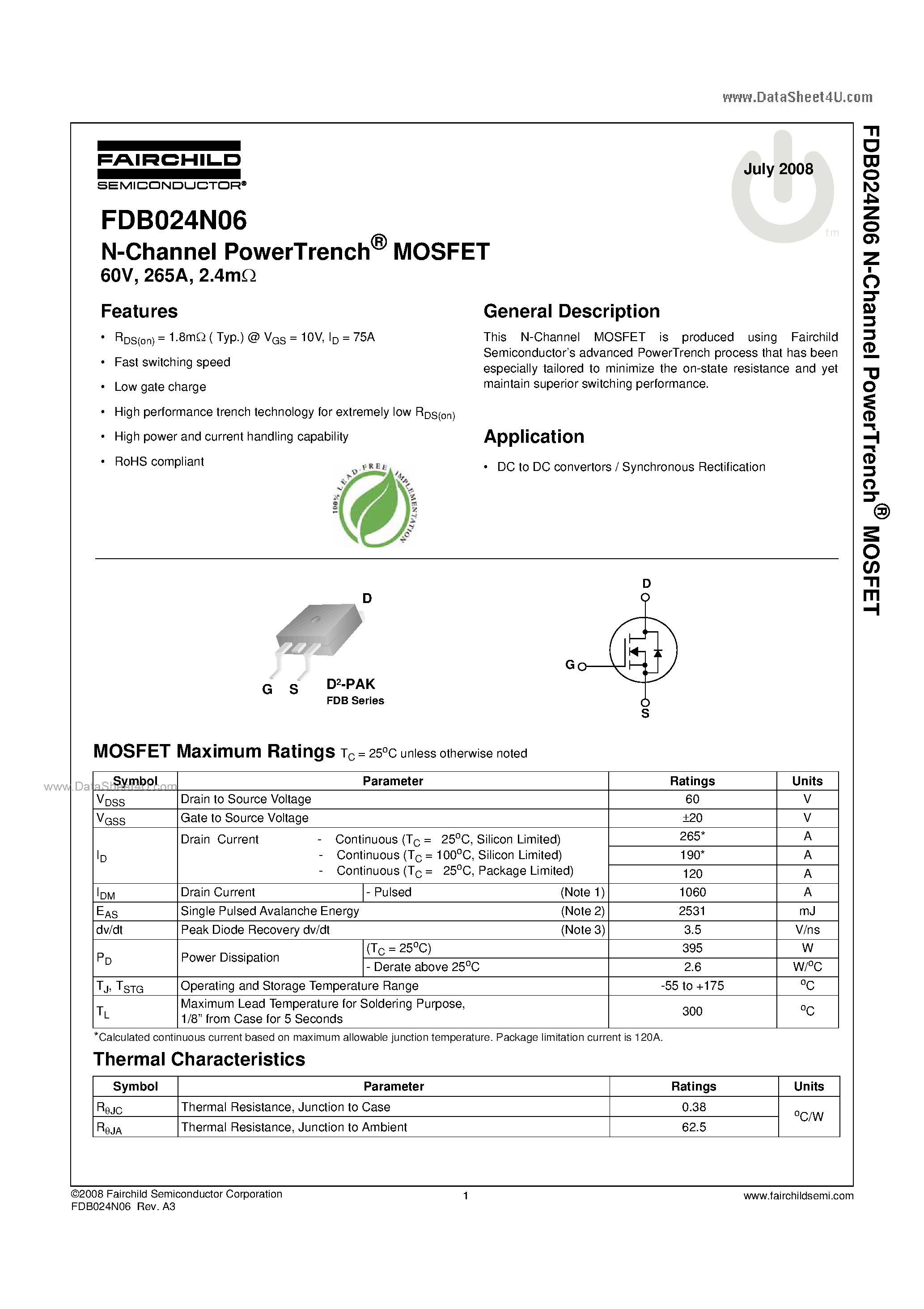 Datasheet FDB024N06 - N-Channel PowerTrench MOSFET page 1