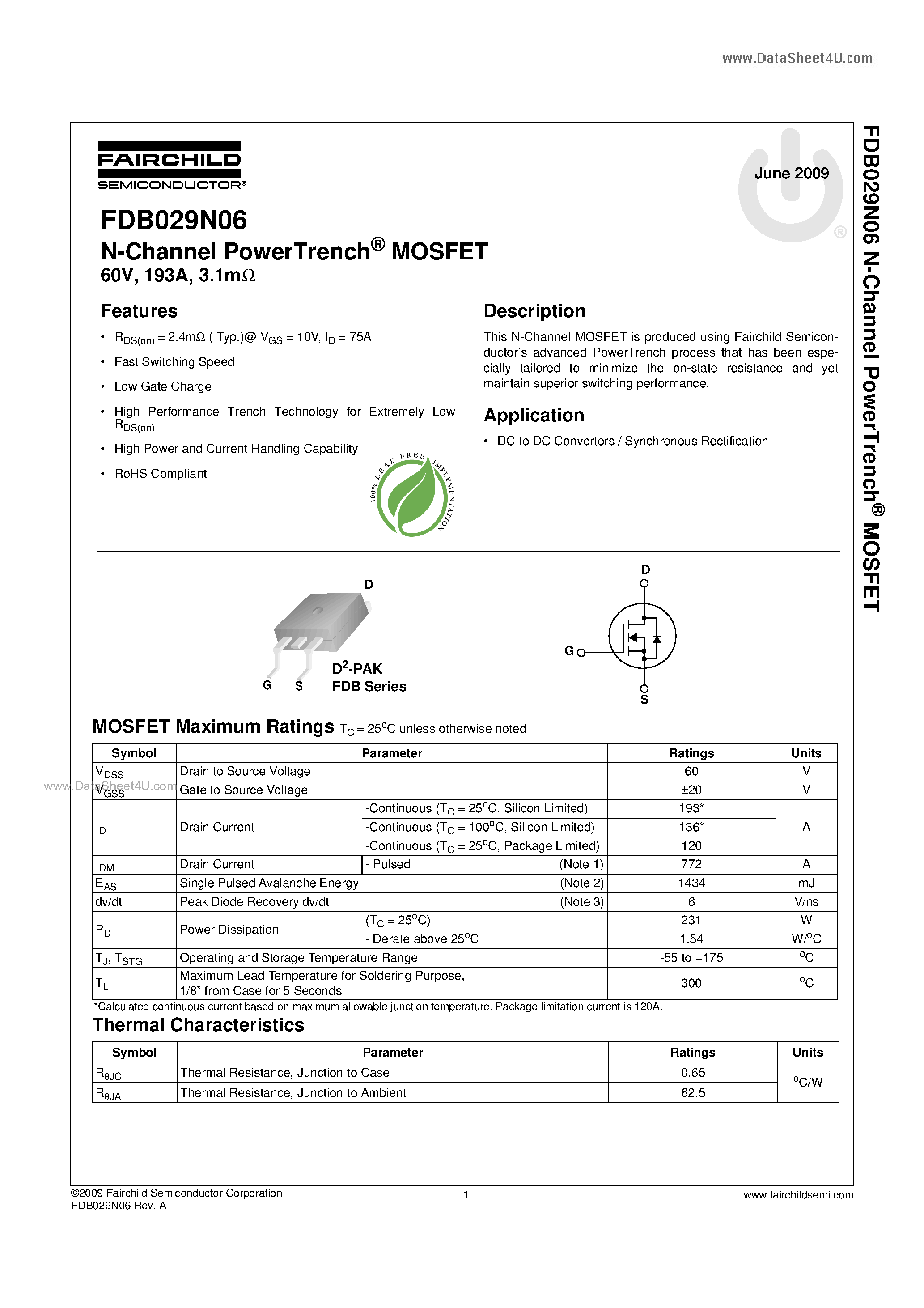 Datasheet FDB029N06 - N-Channel PowerTrench MOSFET page 1