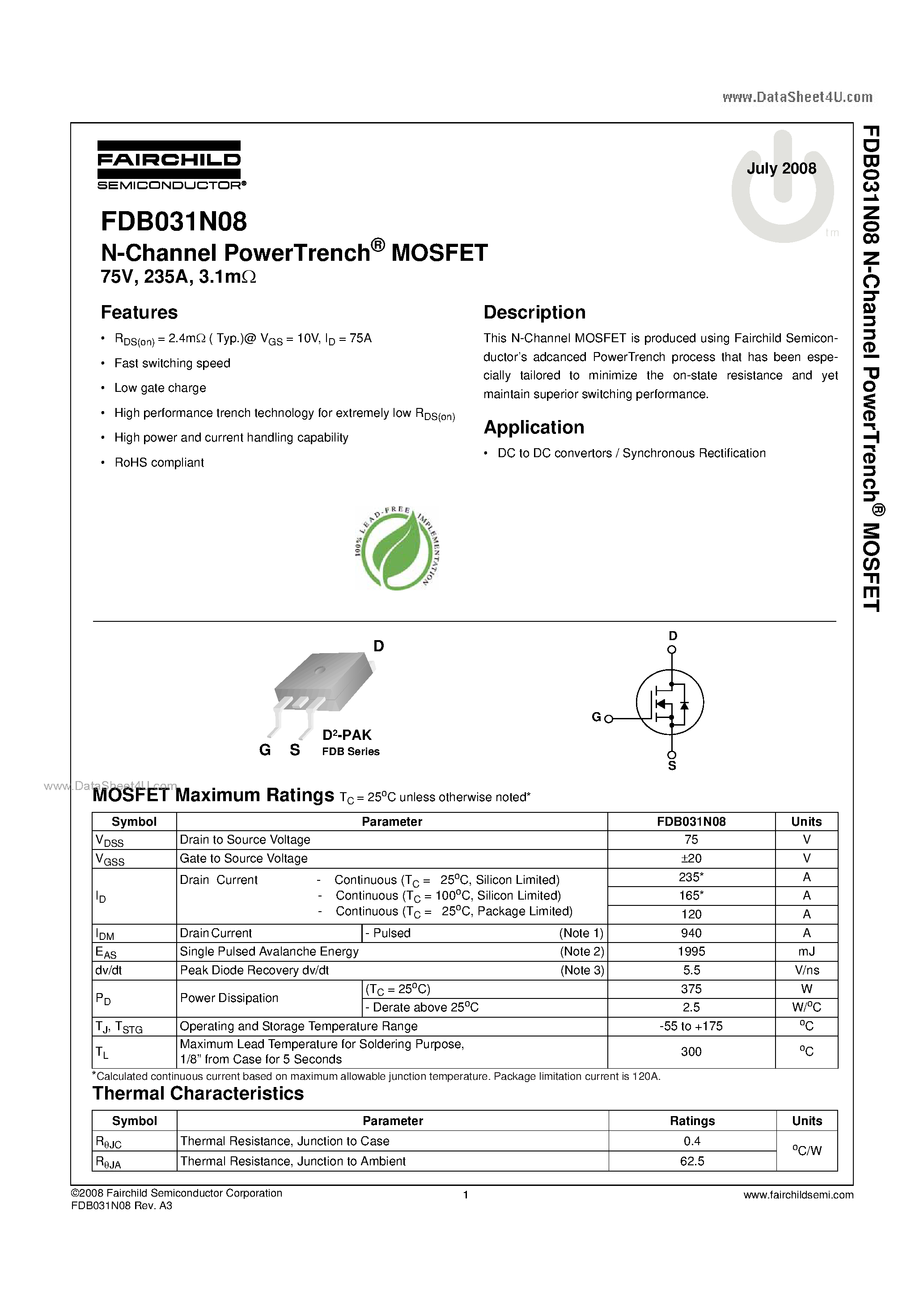 Datasheet FDB031N08 - N-Channel MOSFET page 1