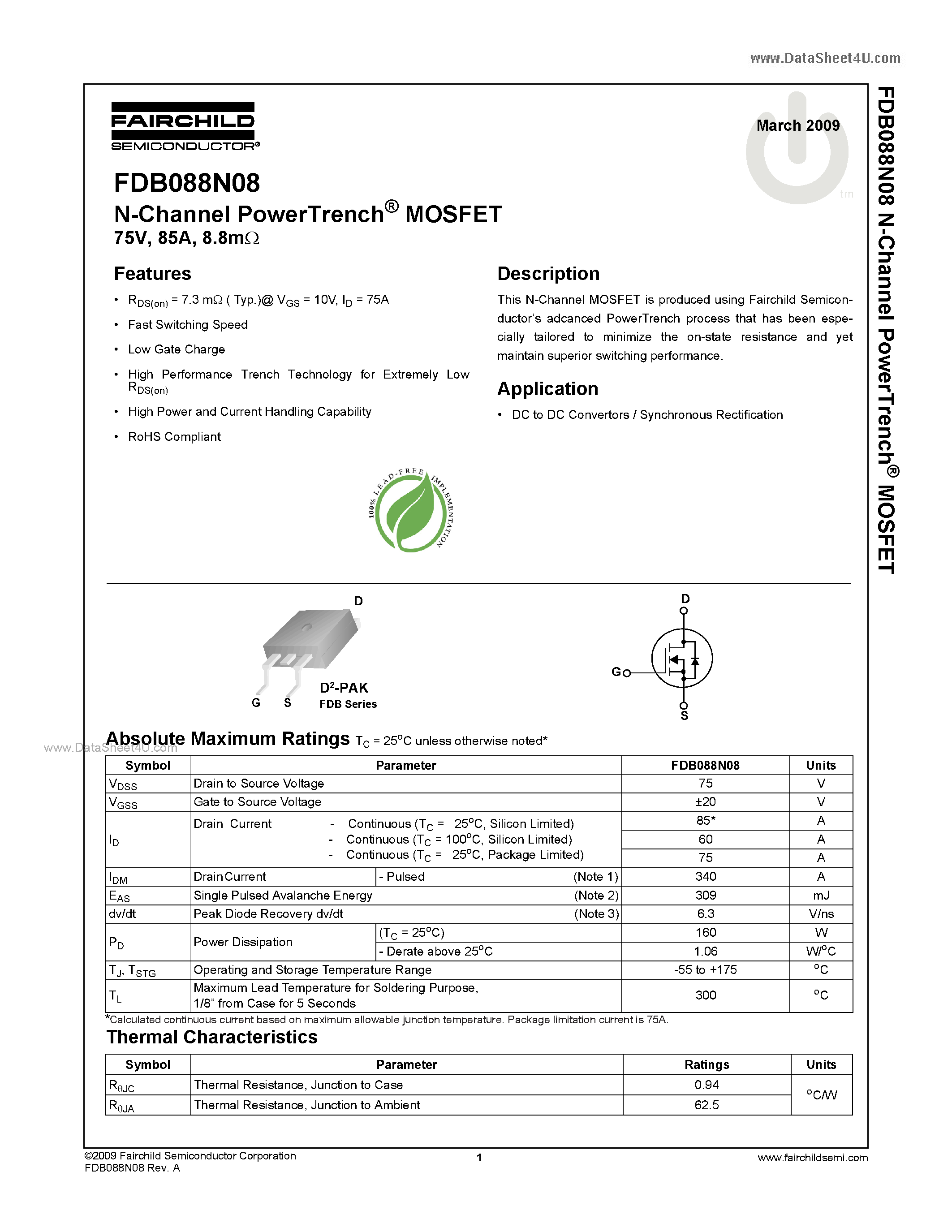 Datasheet FDB088N08 - N-Channel MOSFET page 1