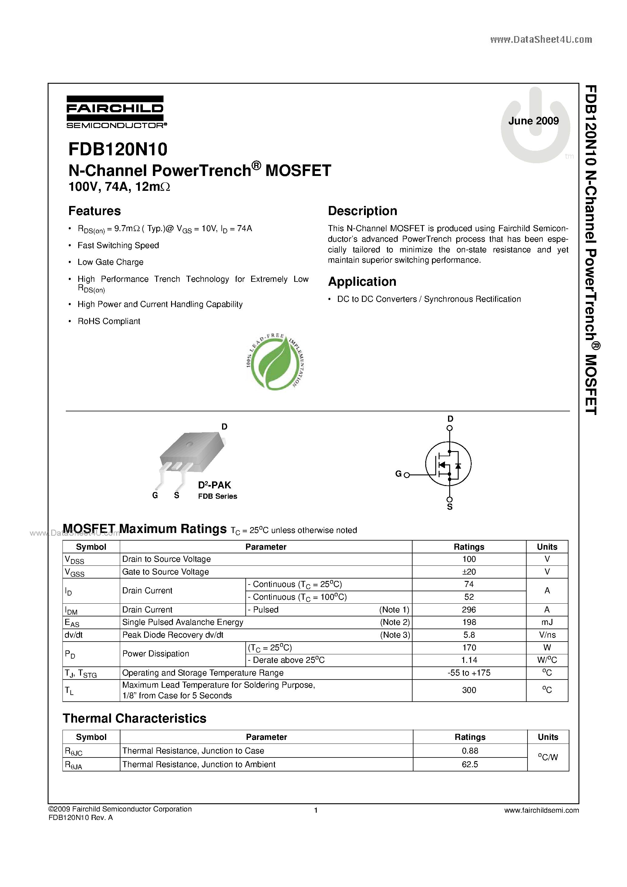 Datasheet FDB120N10 - N-Channel MOSFET page 1