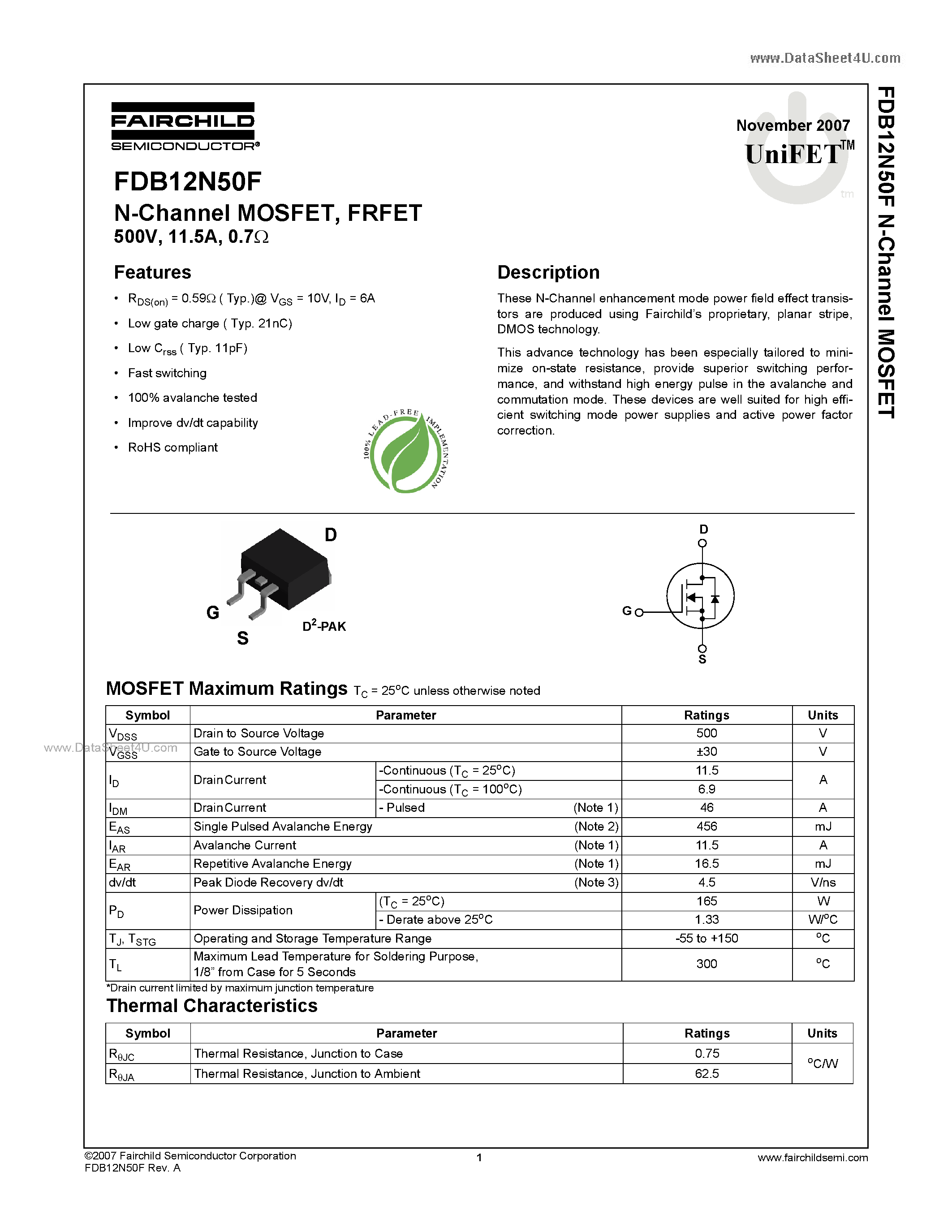 Datasheet FDB12N50F - N-Channel MOSFET page 1