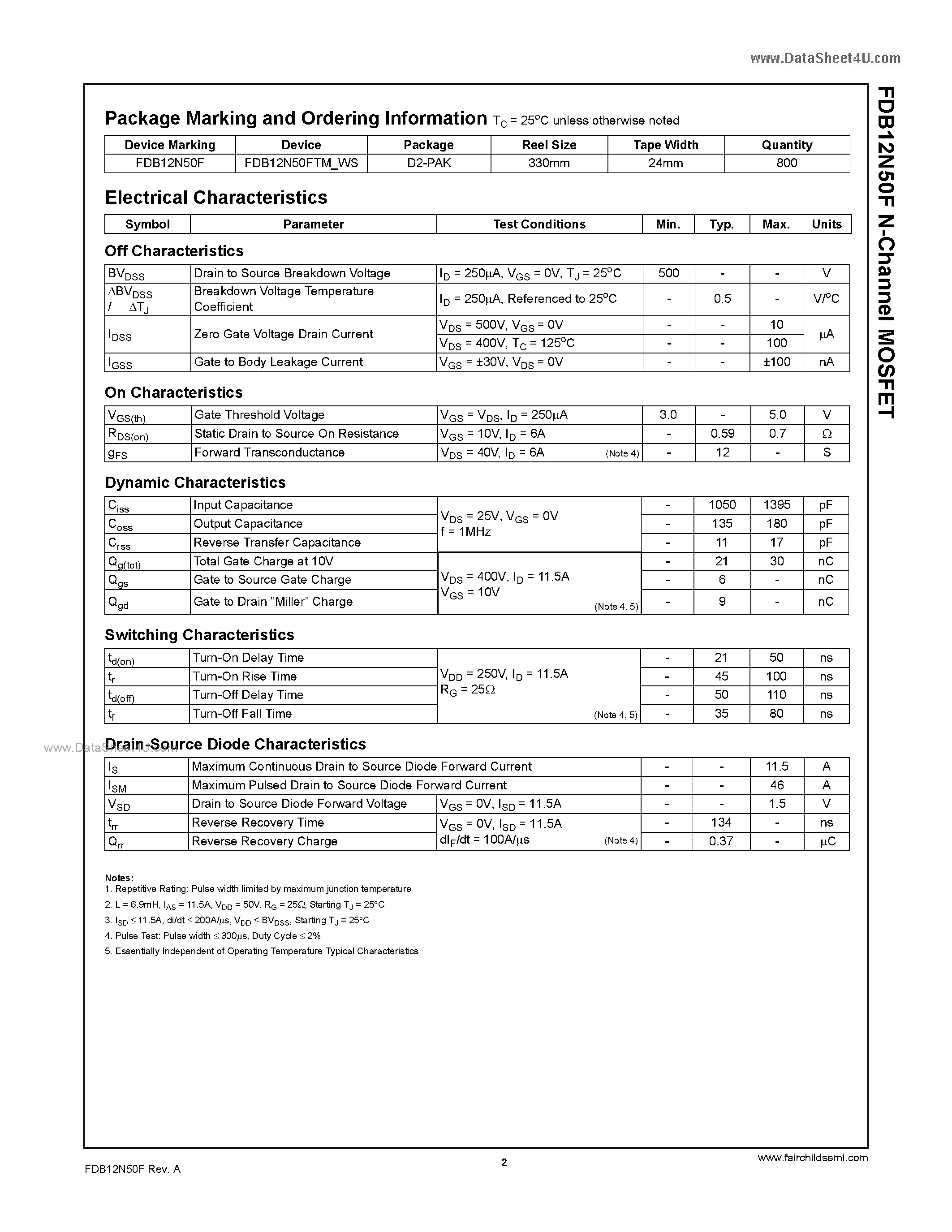 Datasheet FDB12N50F - N-Channel MOSFET page 2