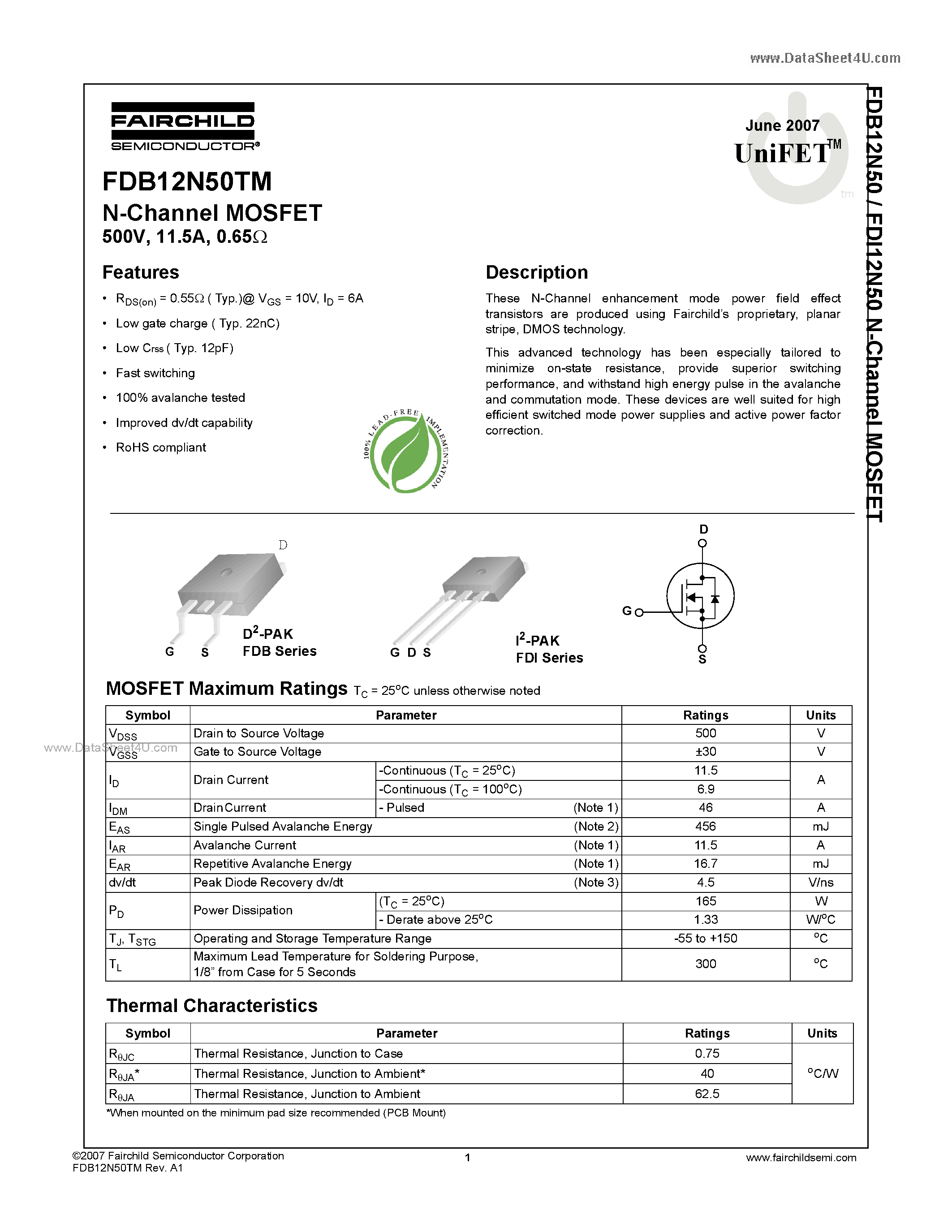 Datasheet FDB12N50TM - N-Channel MOSFET page 1