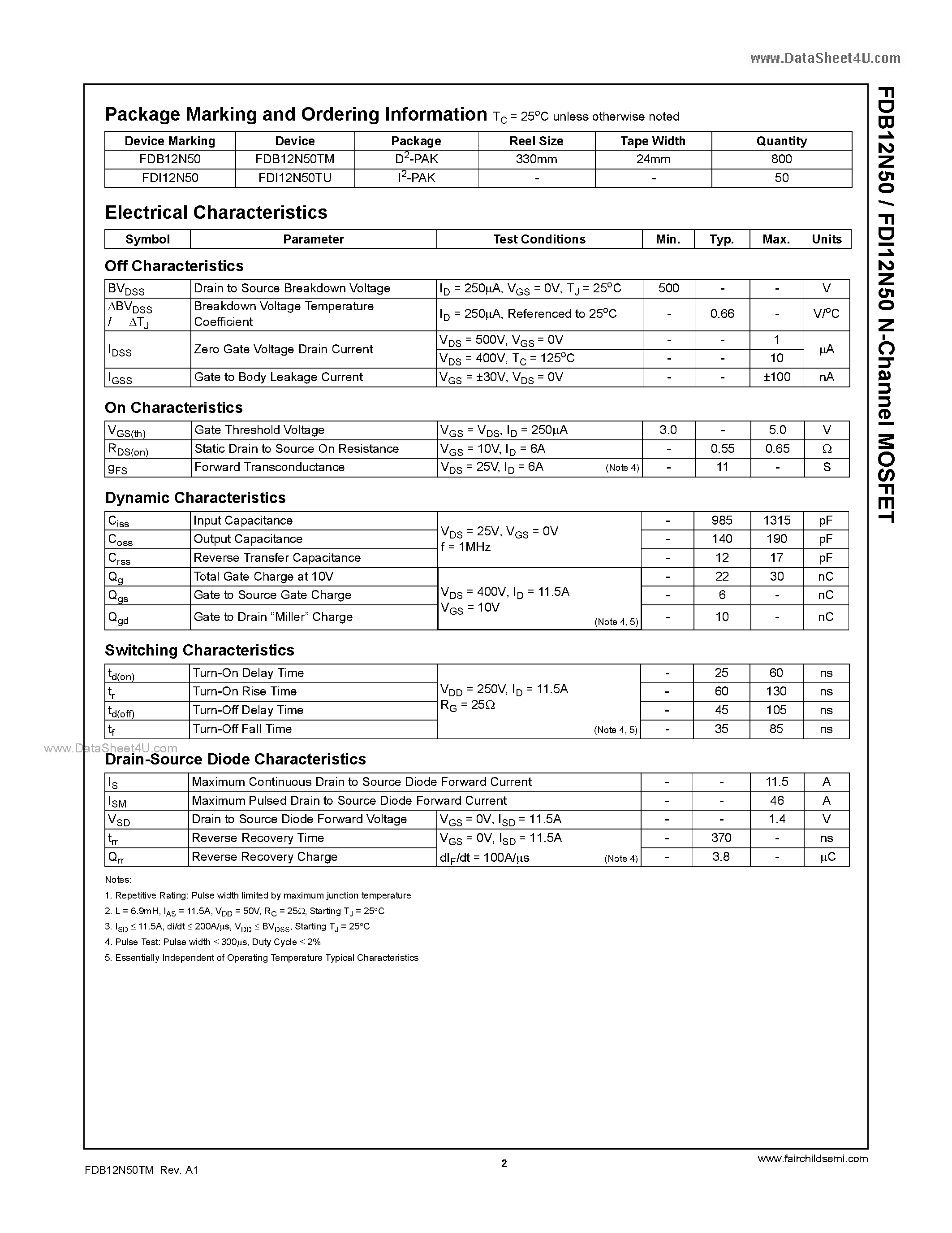 Datasheet FDB12N50TM - N-Channel MOSFET page 2