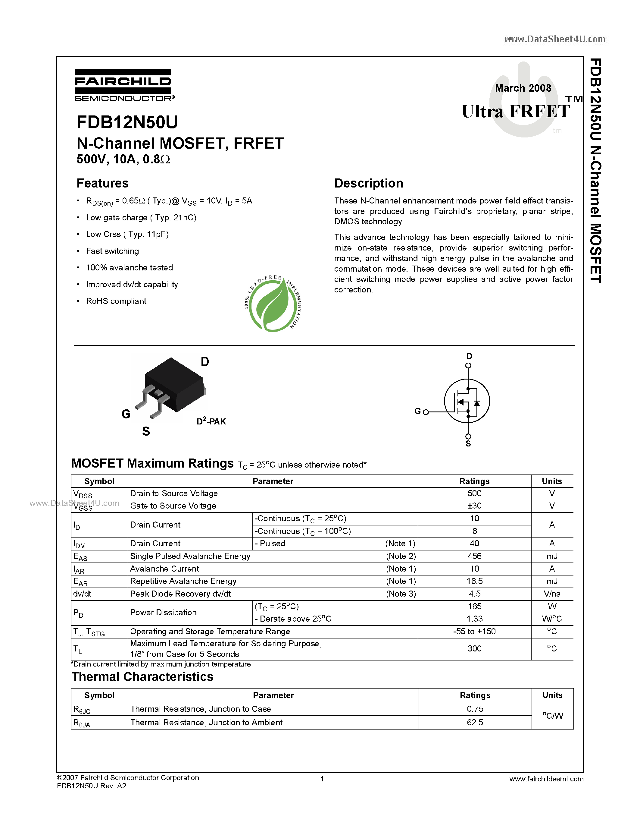 Datasheet FDB12N50U - N-Channel MOSFET page 1