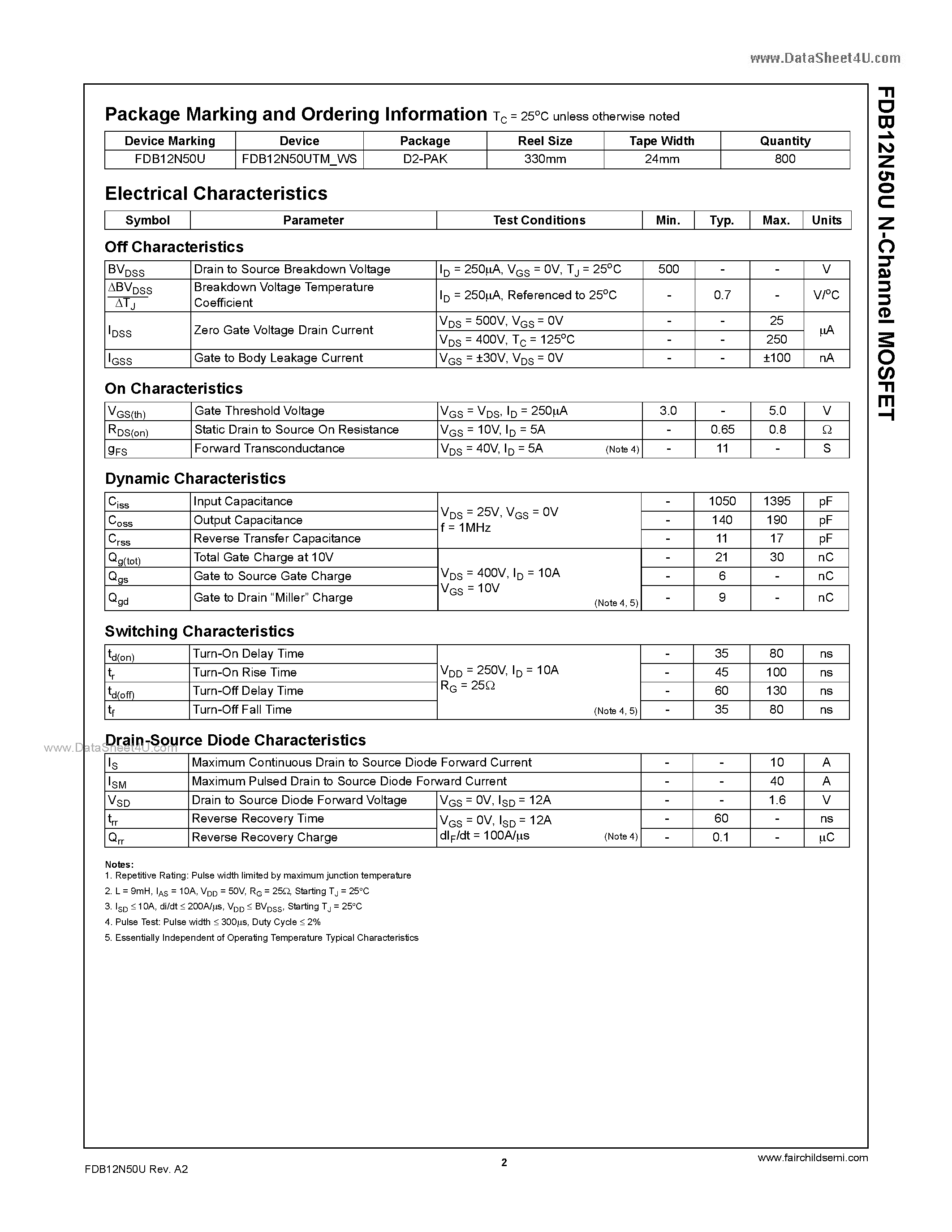 Datasheet FDB12N50U - N-Channel MOSFET page 2