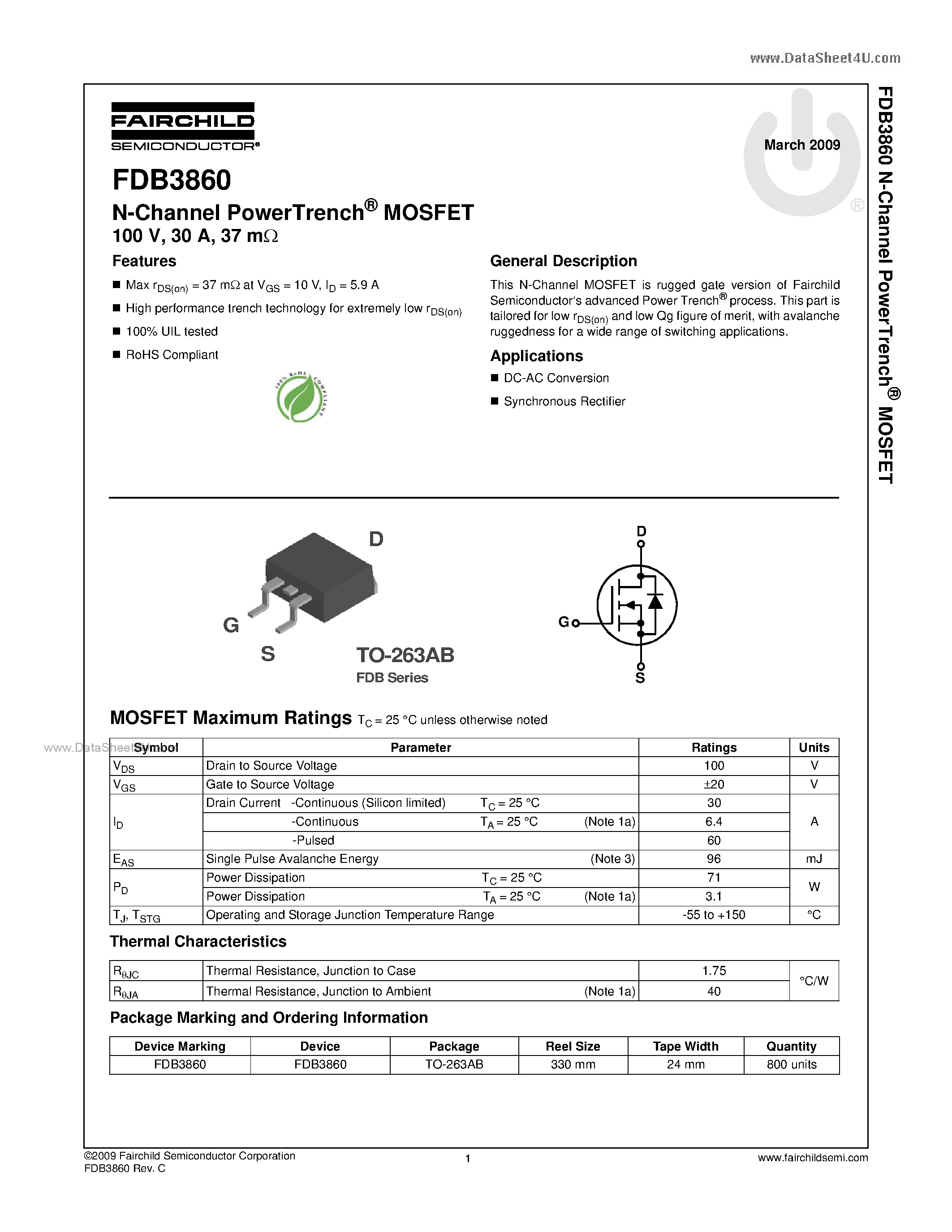 Datasheet FDB3860 - N-Channel MOSFET page 1