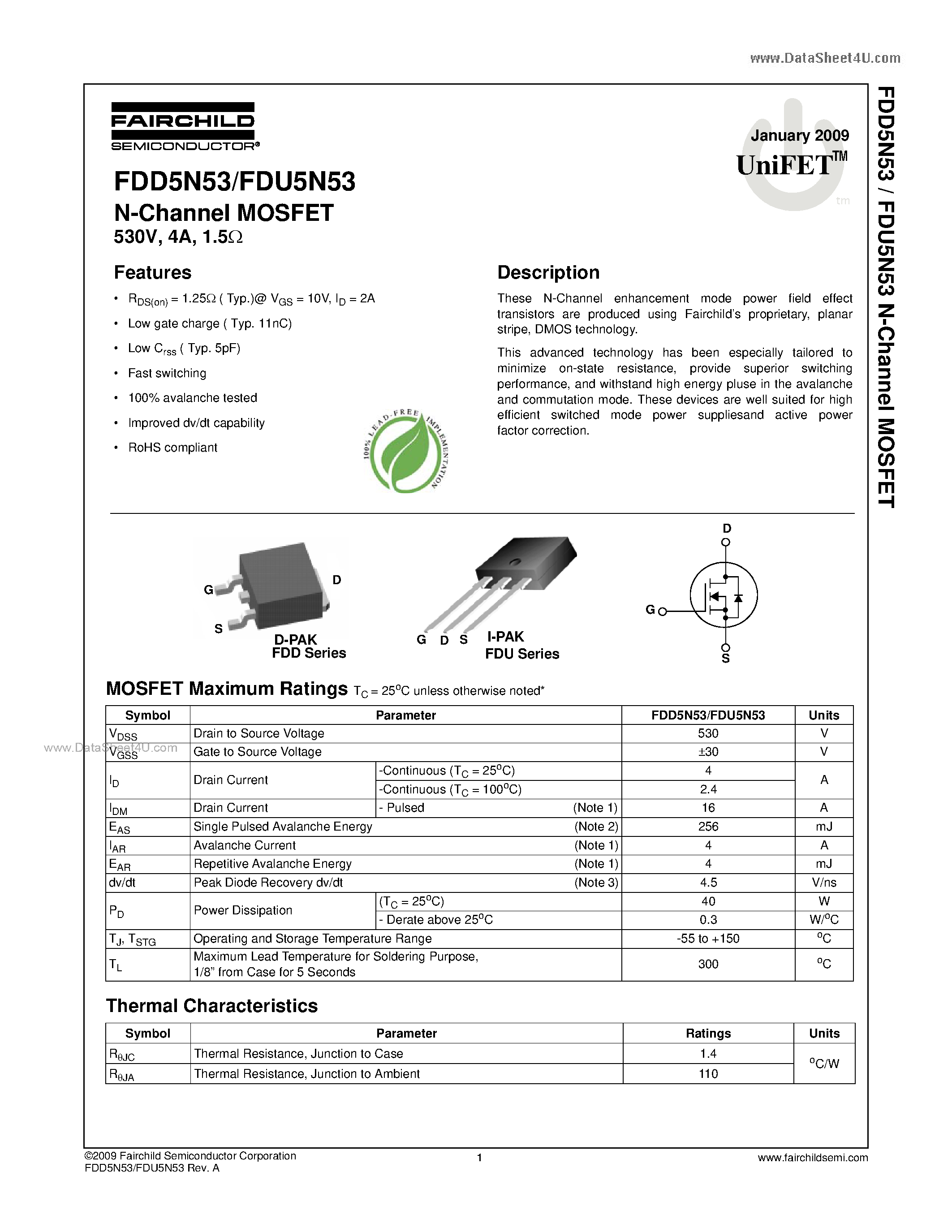 Datasheet FDU5N53 - N-Channel MOSFET page 1