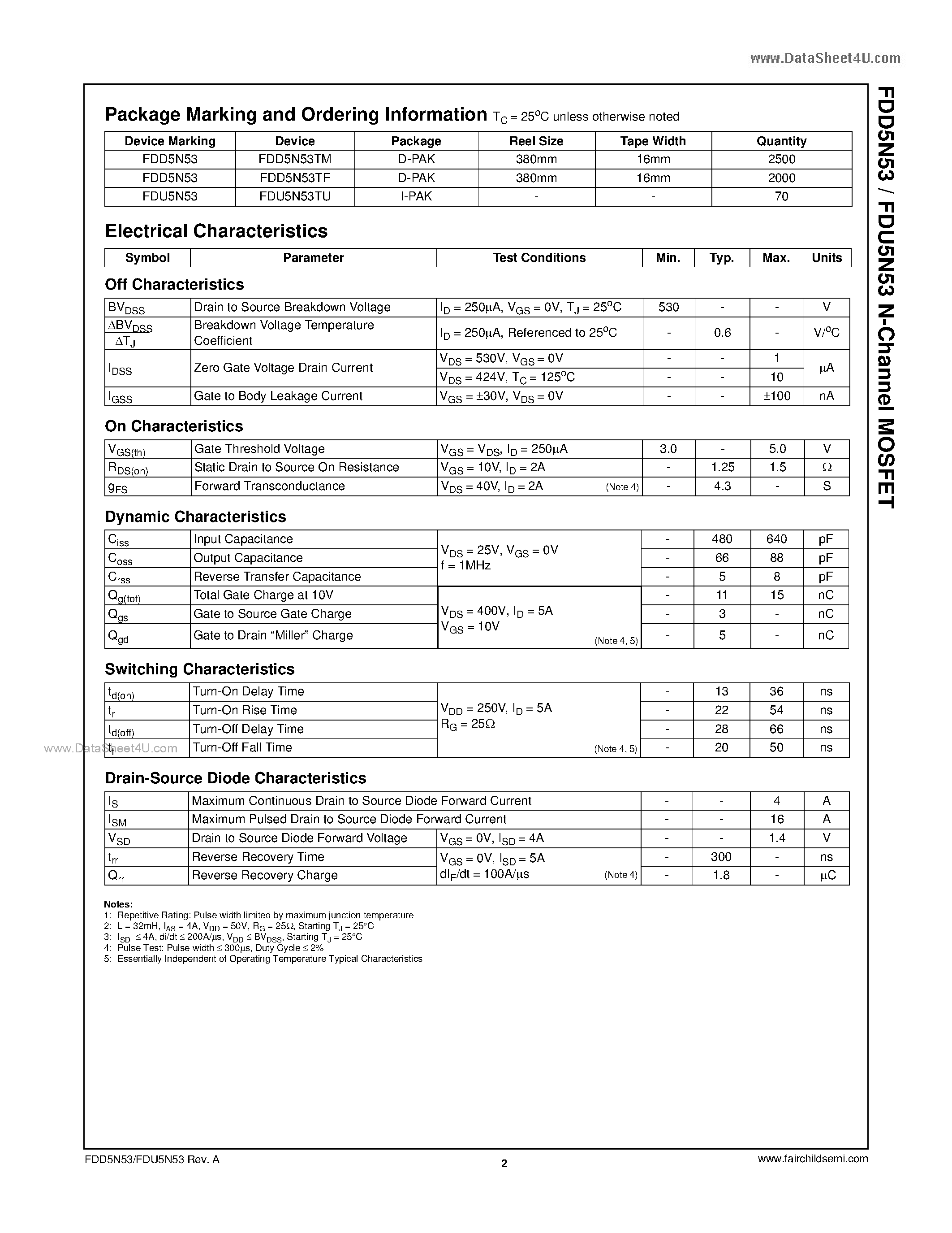 Datasheet FDU5N53 - N-Channel MOSFET page 2