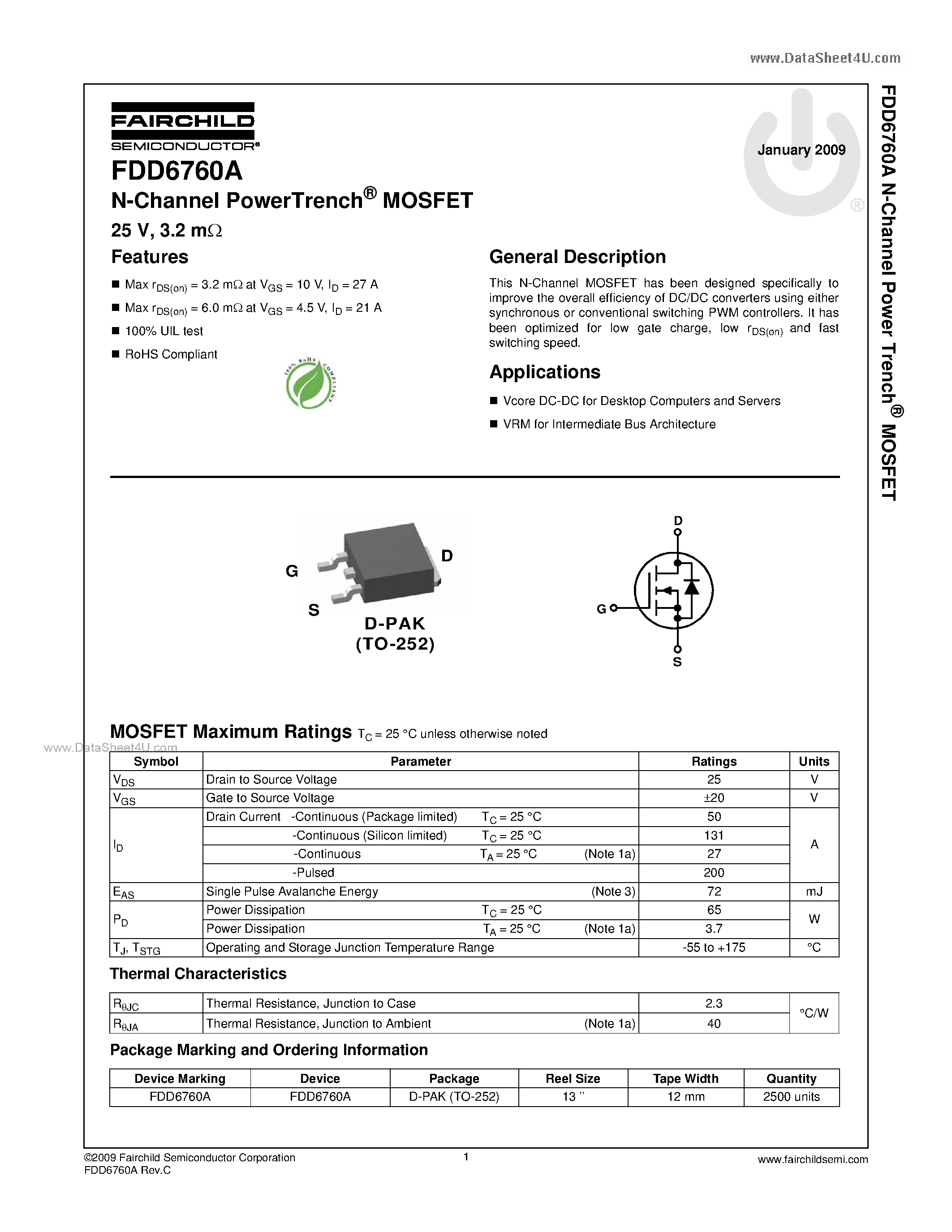 Datasheet FDD6760A page 1 Datasheet FDD6760A - N-Channel MOSFET page 1