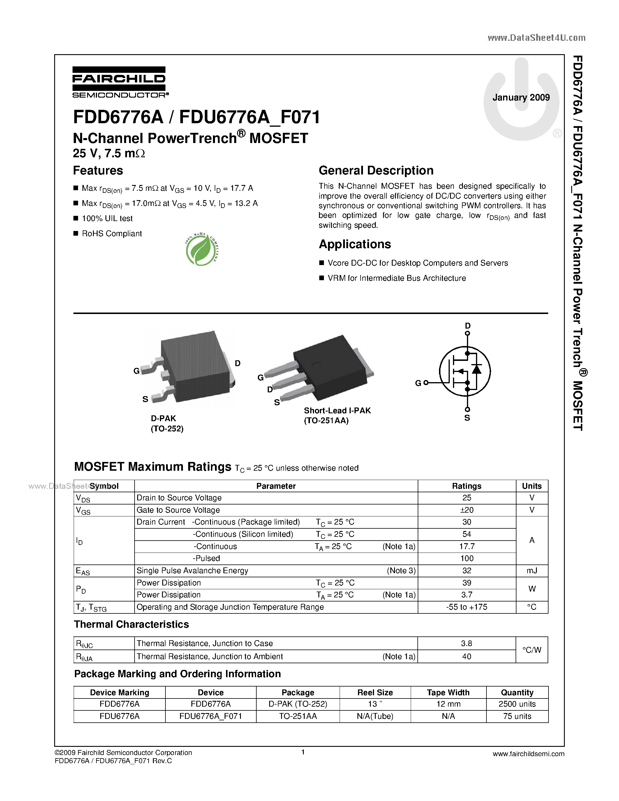 Datasheet FDU6776A - N-Channel MOSFET page 1