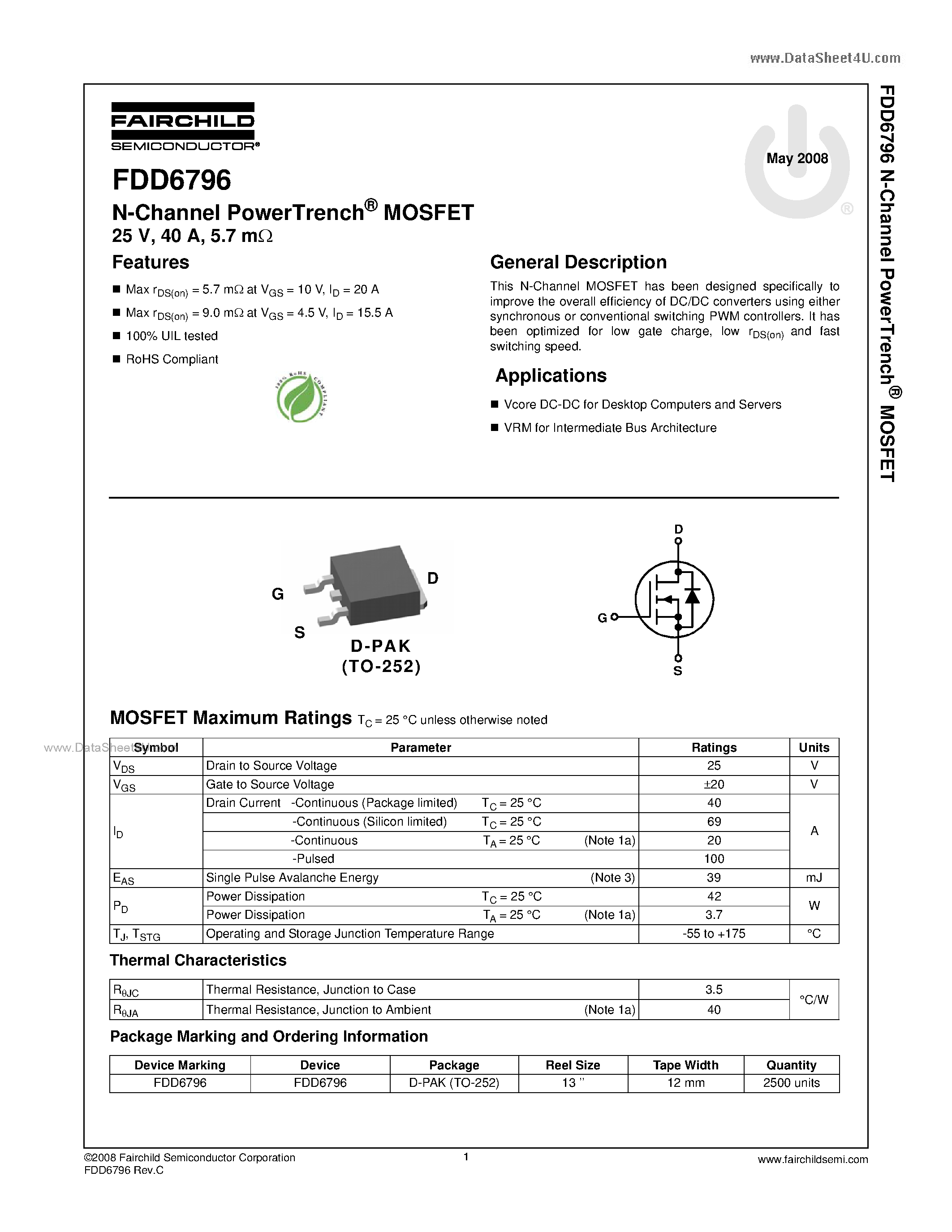 Даташит на микросхему FDD6796 страница 1 Даташит FDD6796 - N-Channel MOSFET страница 1