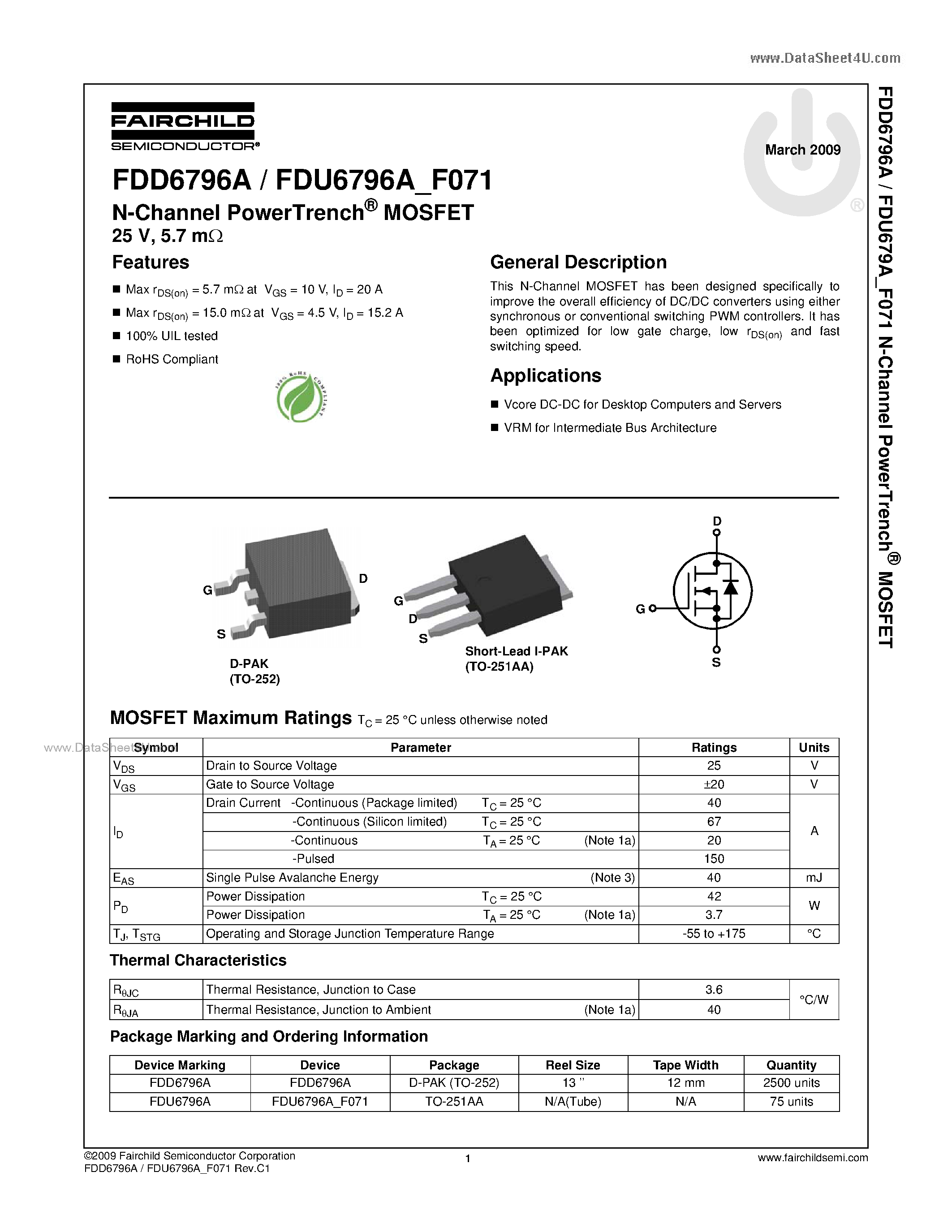 Datasheet FDU6796A - N-Channel MOSFET page 1
