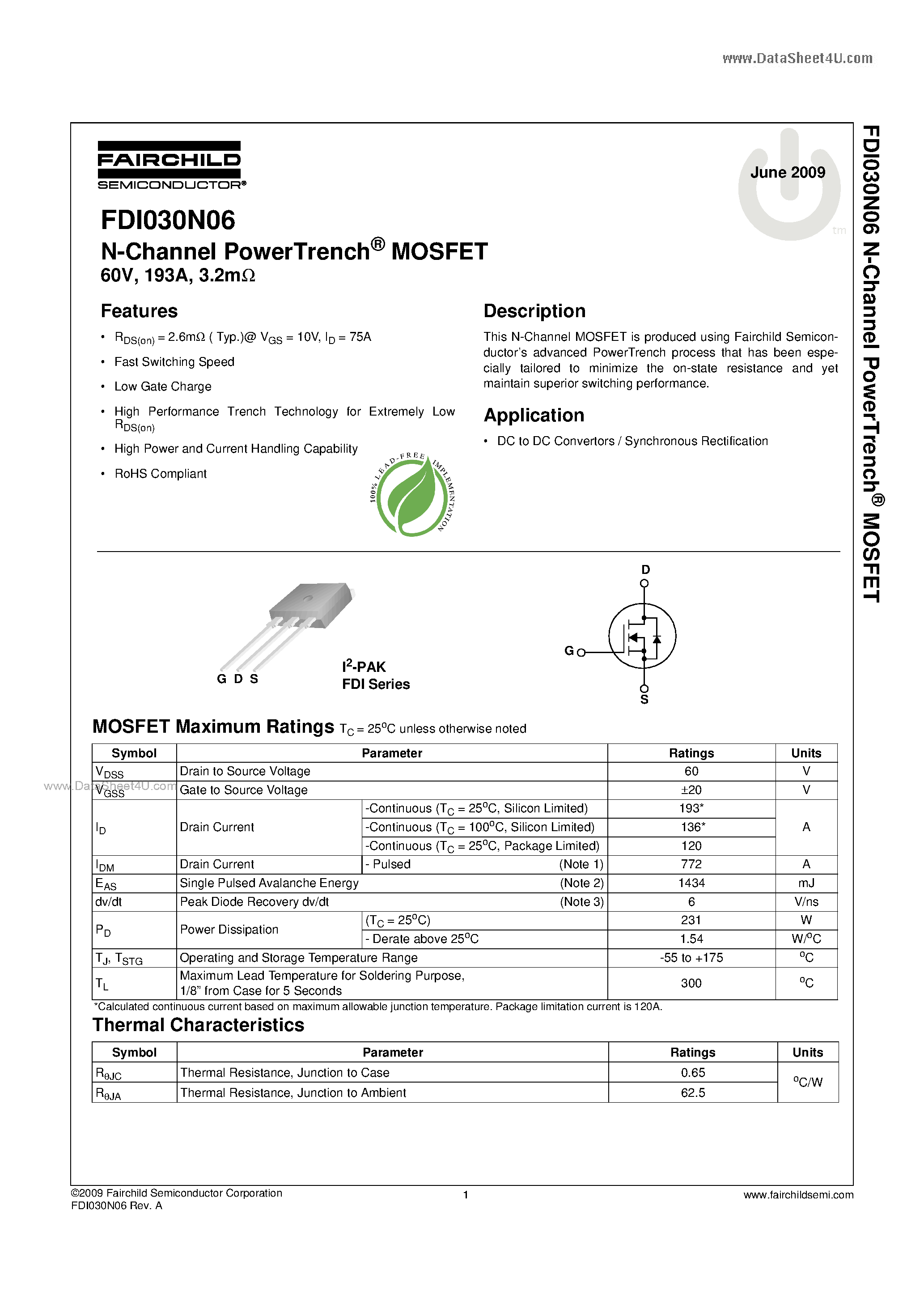 Datasheet FDI030N06 - N-Channel MOSFET page 1