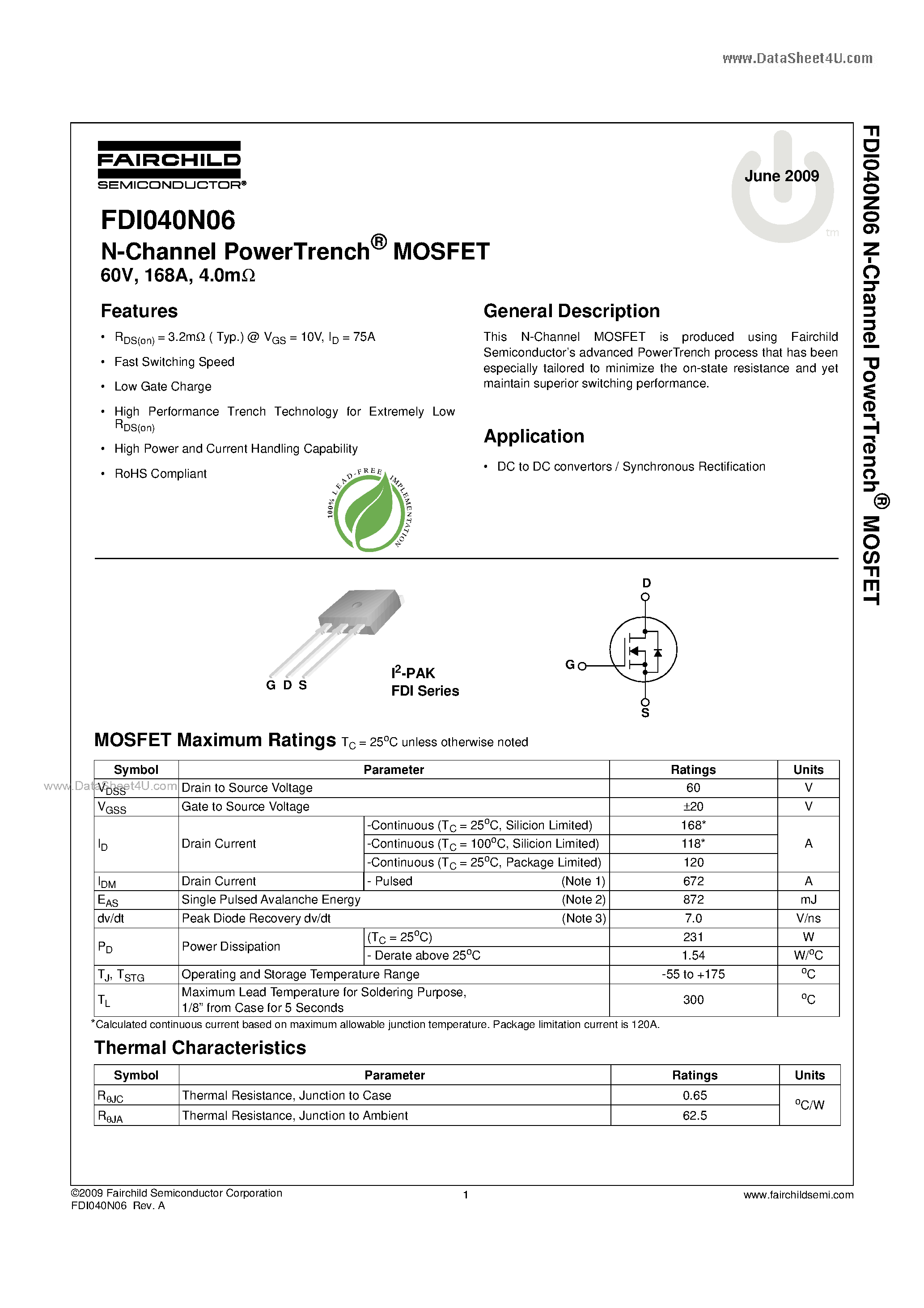 Datasheet FDI040N06 - N-Channel MOSFET page 1
