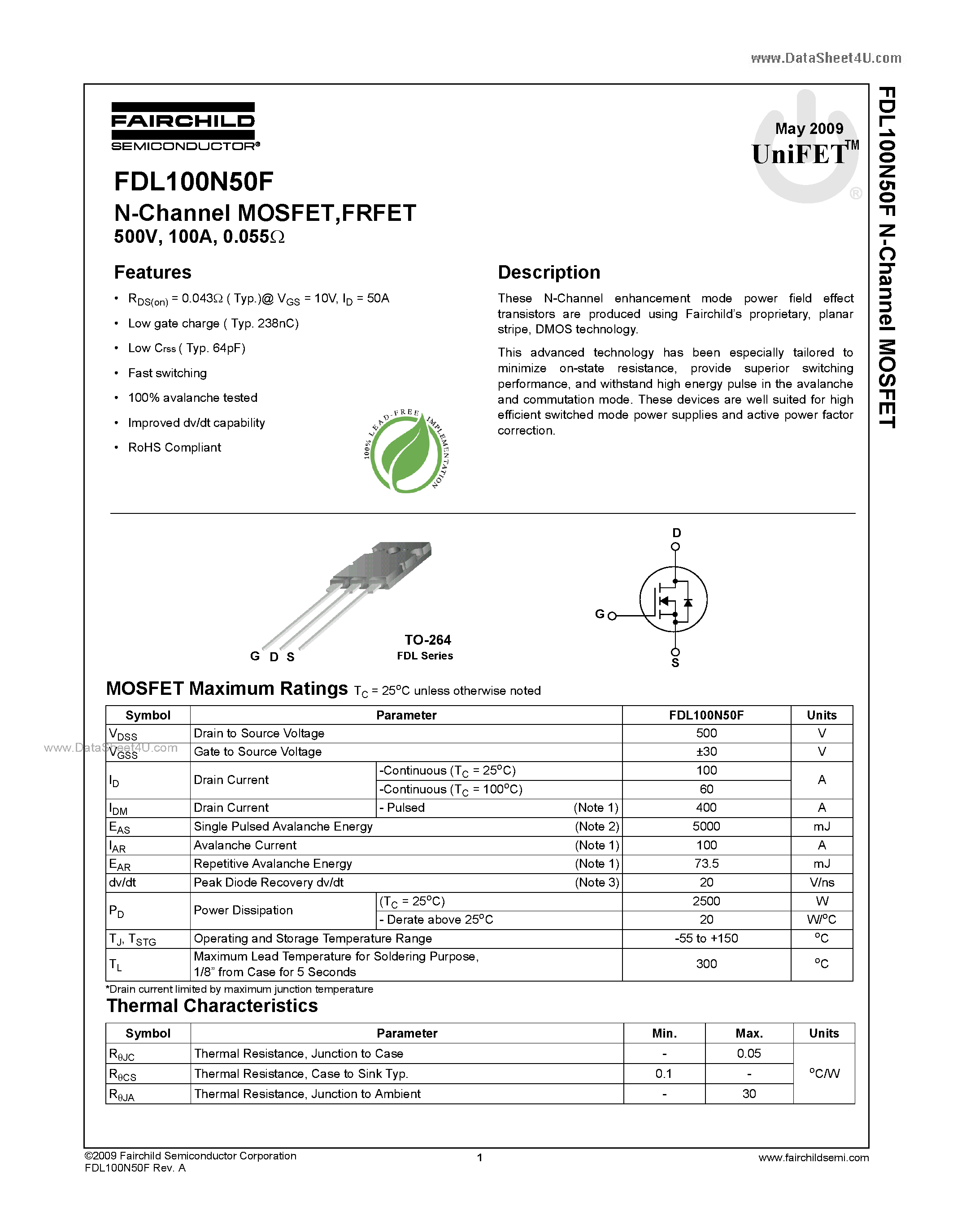 Datasheet FDL100N50F - N-Channel MOSFET page 1