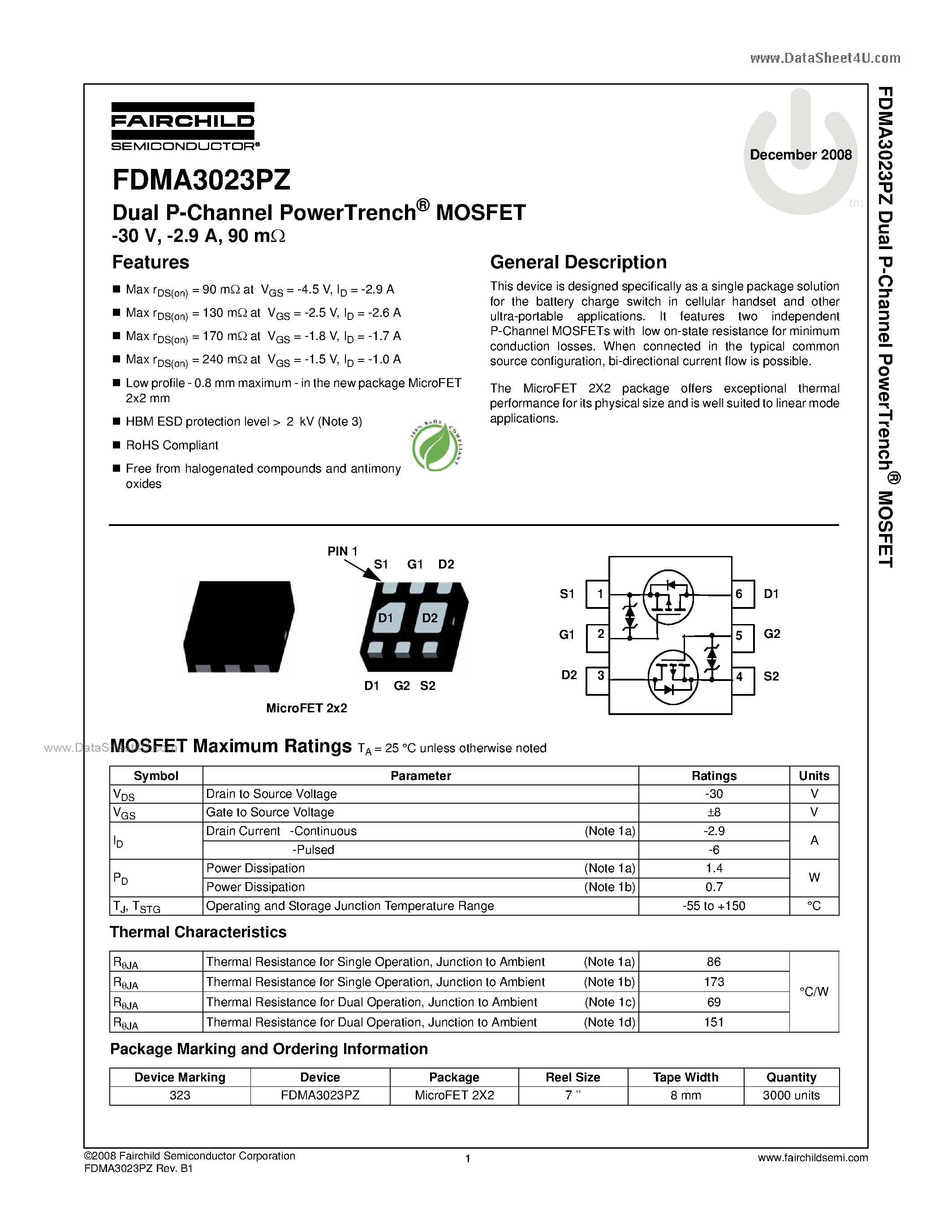 Datasheet FDMA3023PZ - N-Channel MOSFET page 1