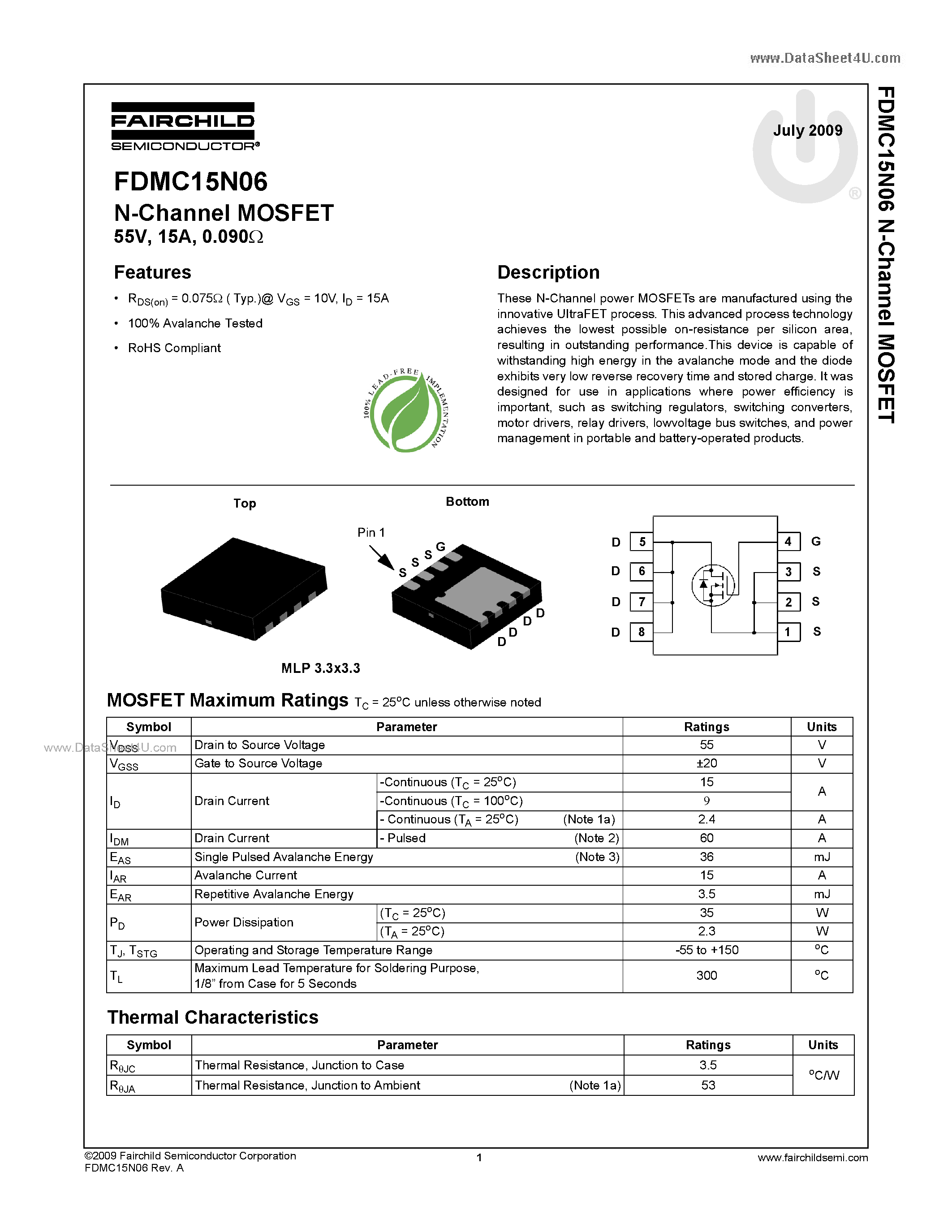 Datasheet FDMC15N06 - N-Channel MOSFET page 1