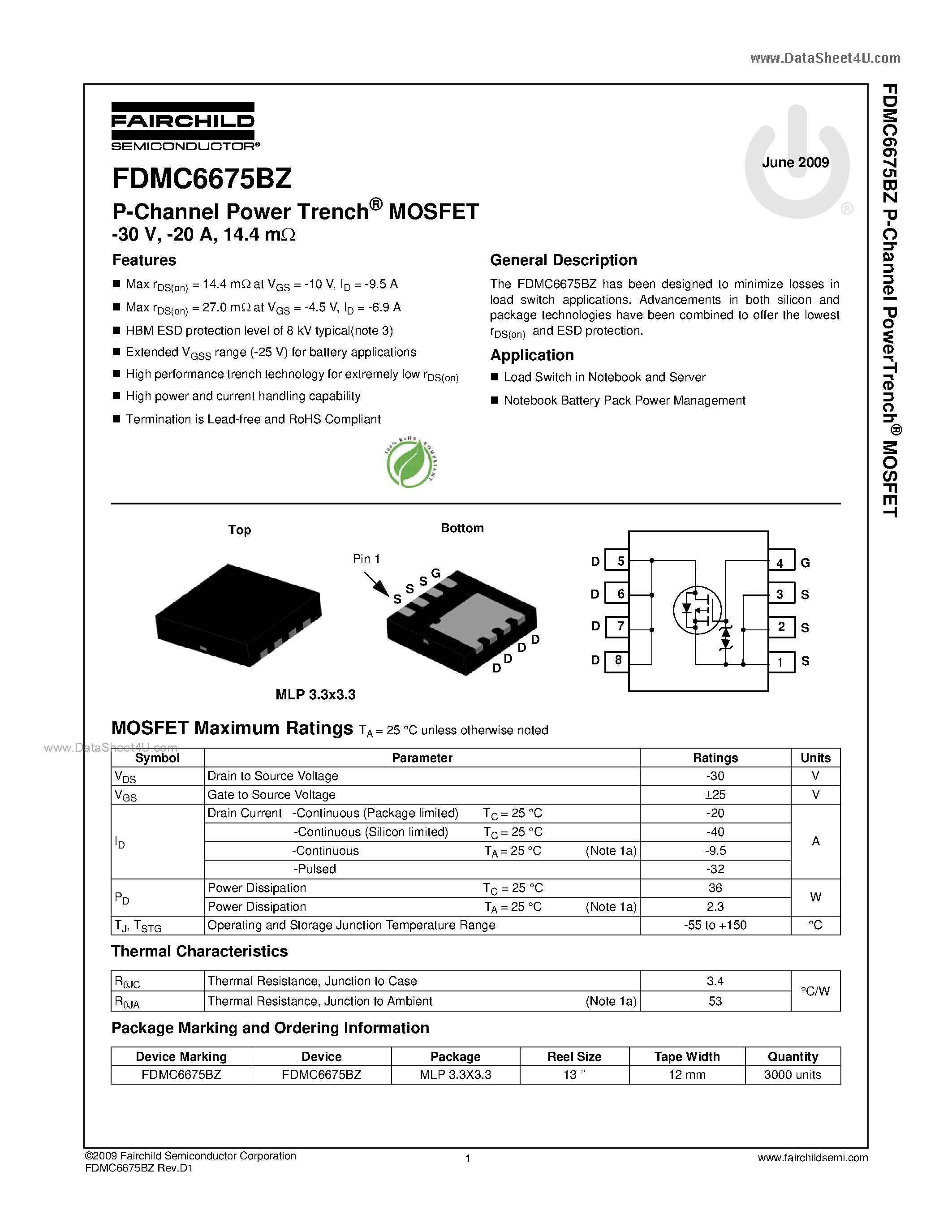 Datasheet FDMC6675BZ - N-Channel MOSFET page 1