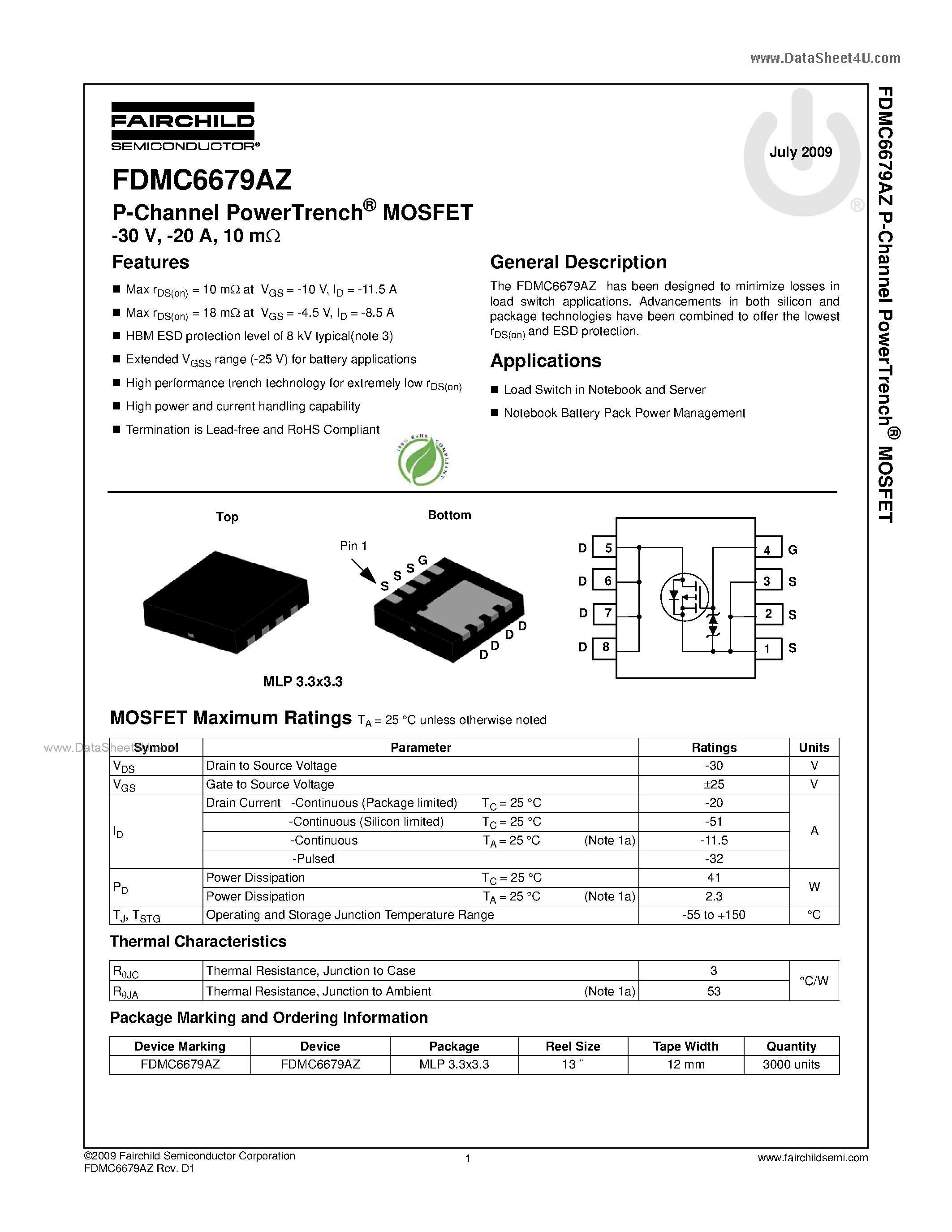 Datasheet FDMC6679AZ - N-Channel MOSFET page 1