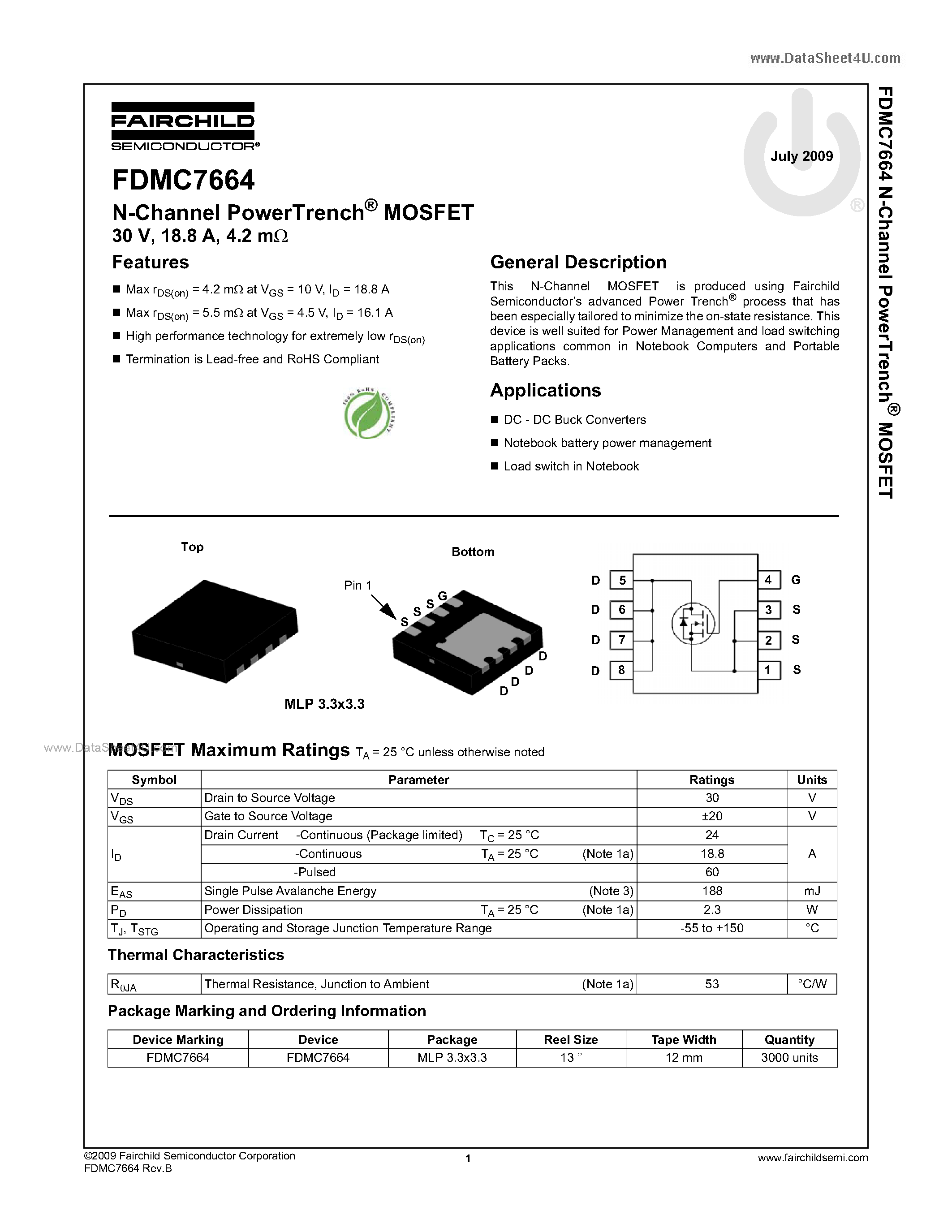 Datasheet FDMC7664 - N-Channel MOSFET page 1