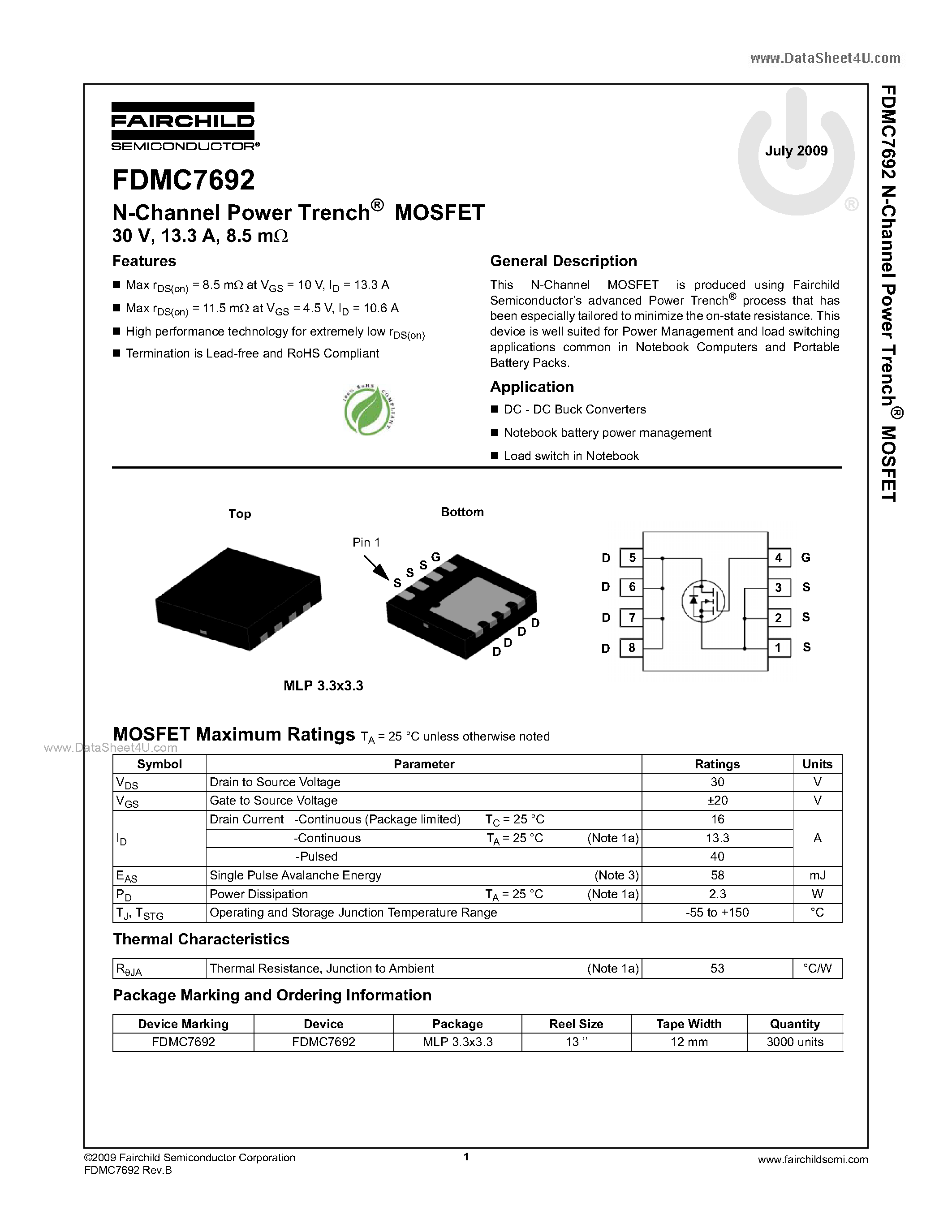 Datasheet FDMC7692 - N-Channel MOSFET page 1