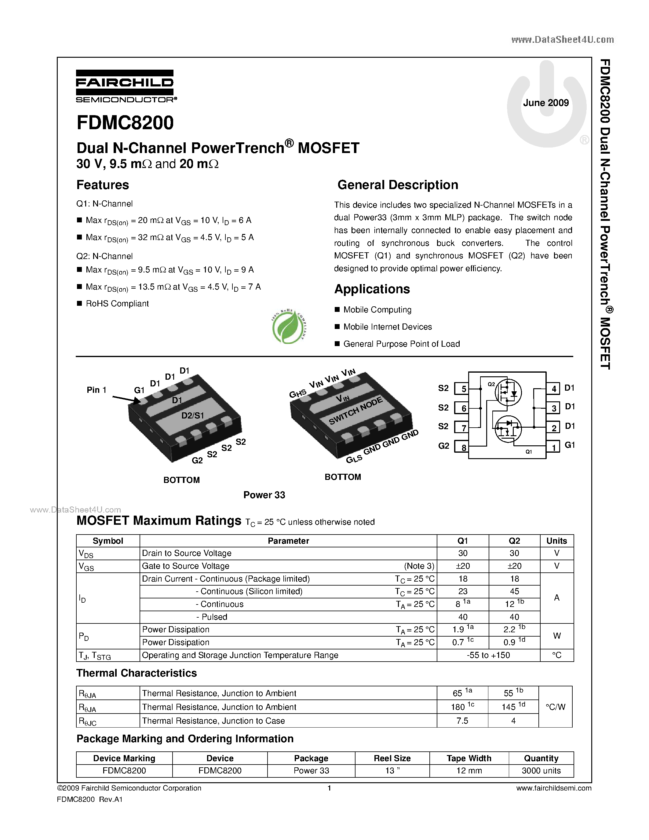 Datasheet FDMC8200 - N-Channel MOSFET page 1