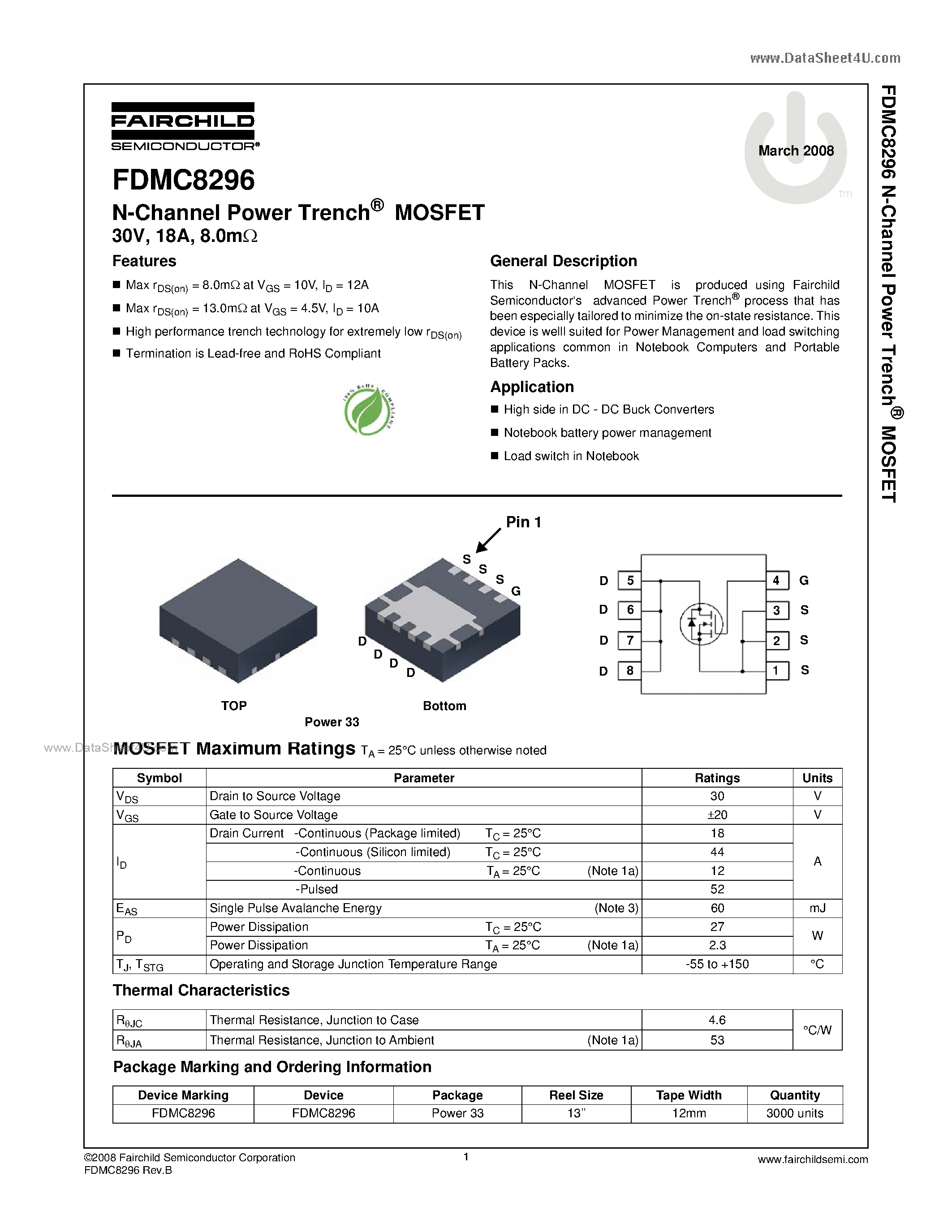 Datasheet FDMC8296 - N-Channel MOSFET page 1