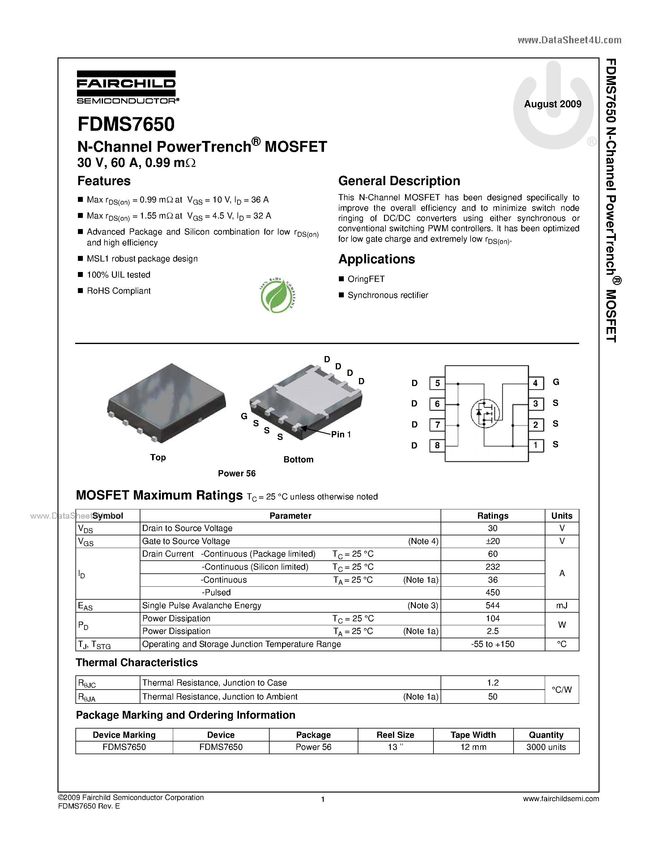 Datasheet FDMS7650 - N-Channel MOSFET page 1