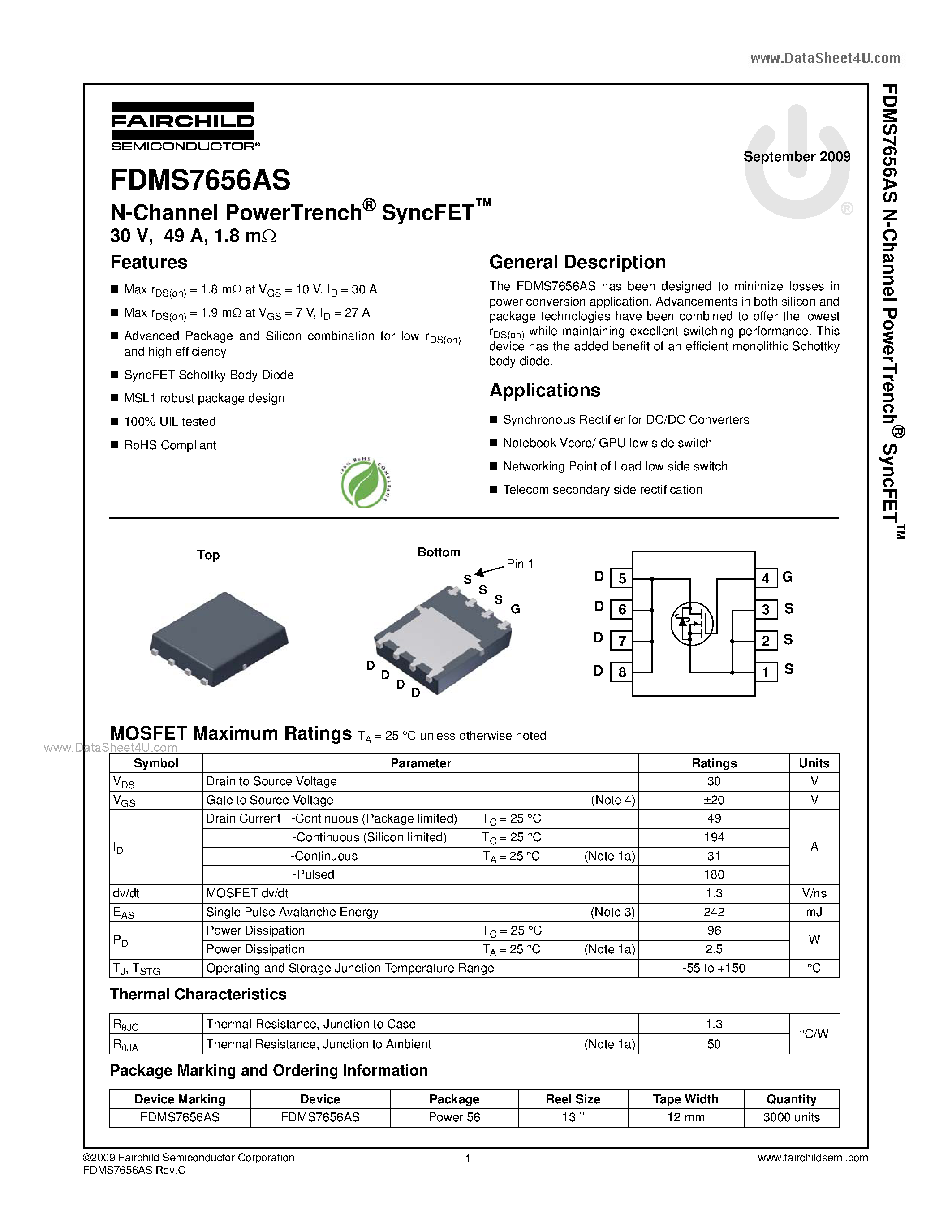 Datasheet FDMS7656AS - N-Channel MOSFET page 1