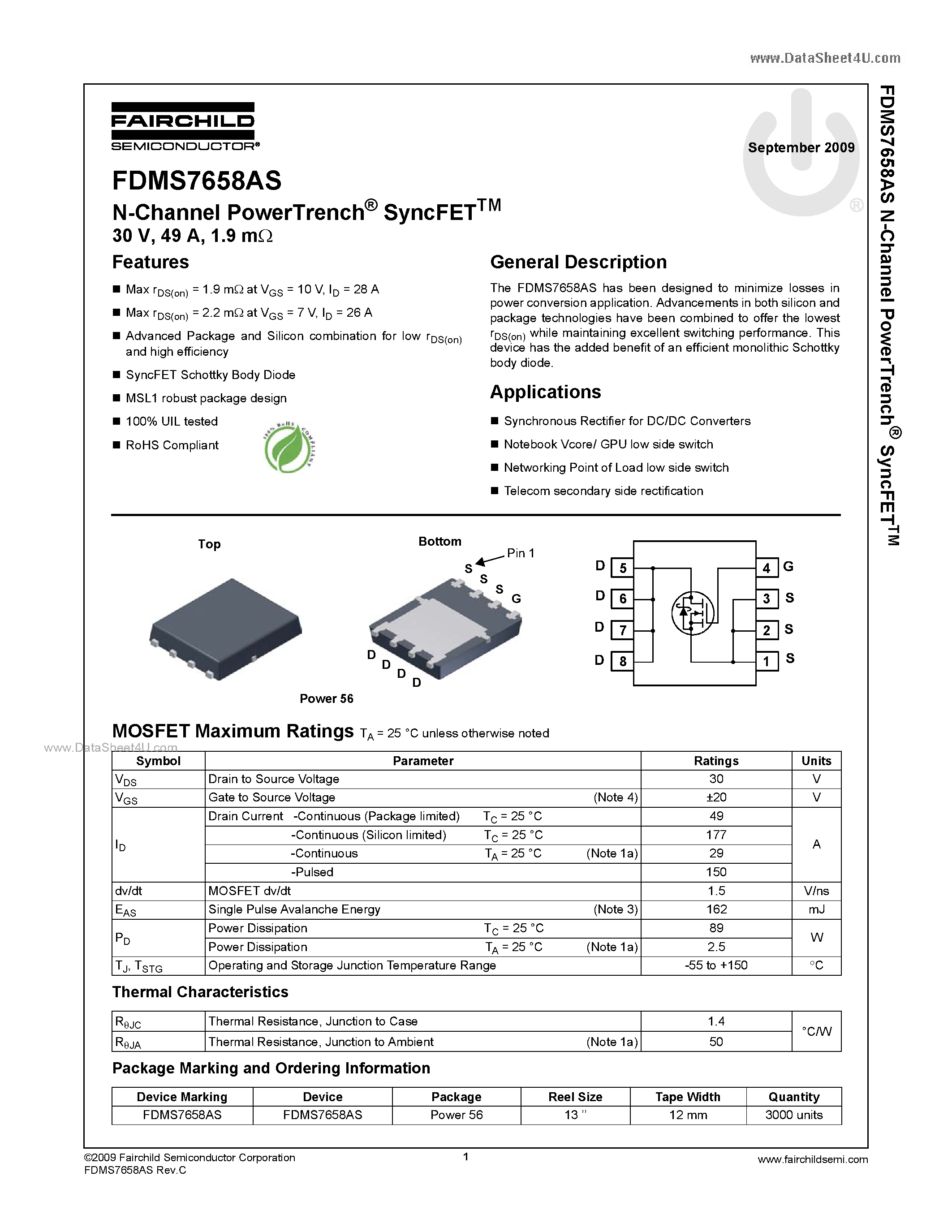 Datasheet FDMS7658AS - N-Channel MOSFET page 1