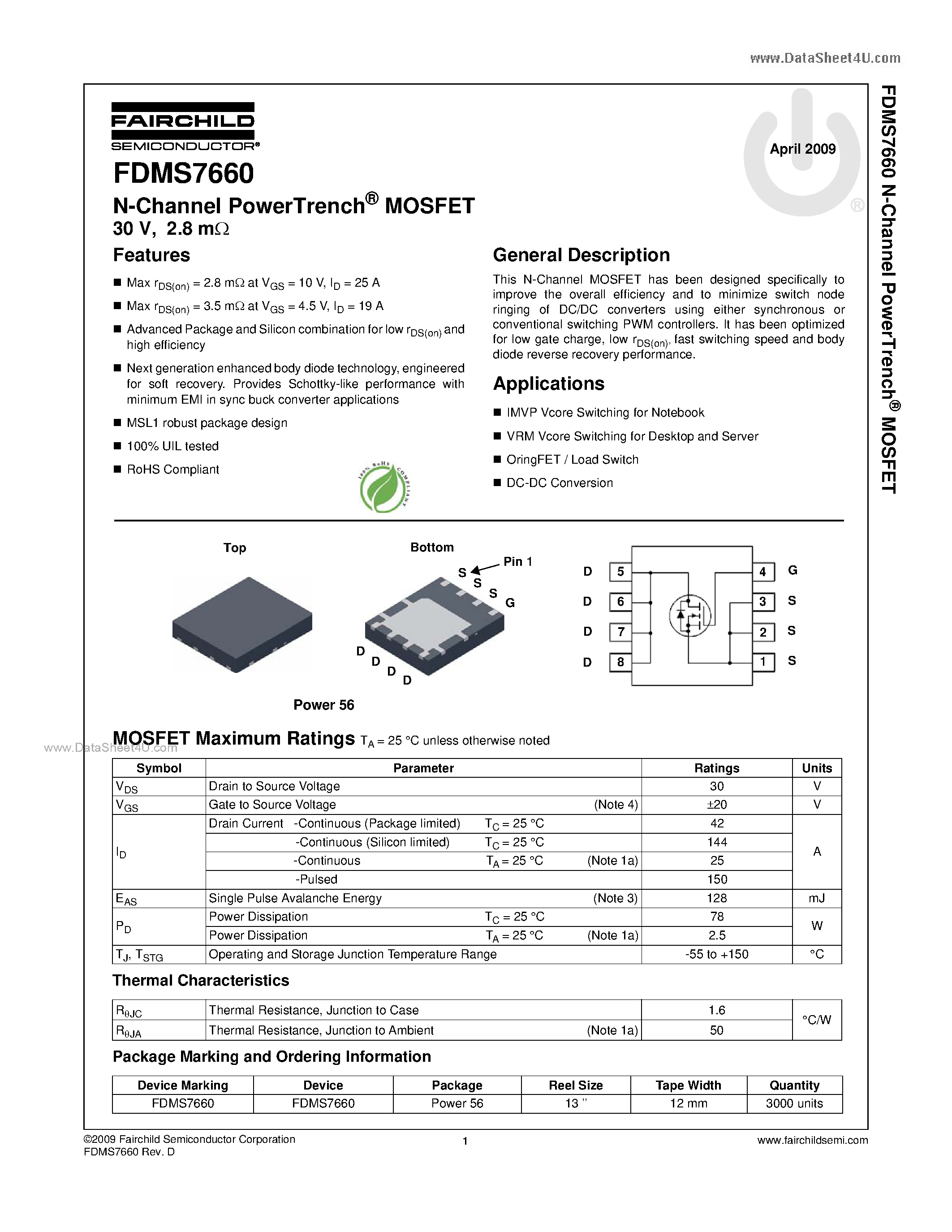 Datasheet FDMS7660 - N-Channel MOSFET page 1