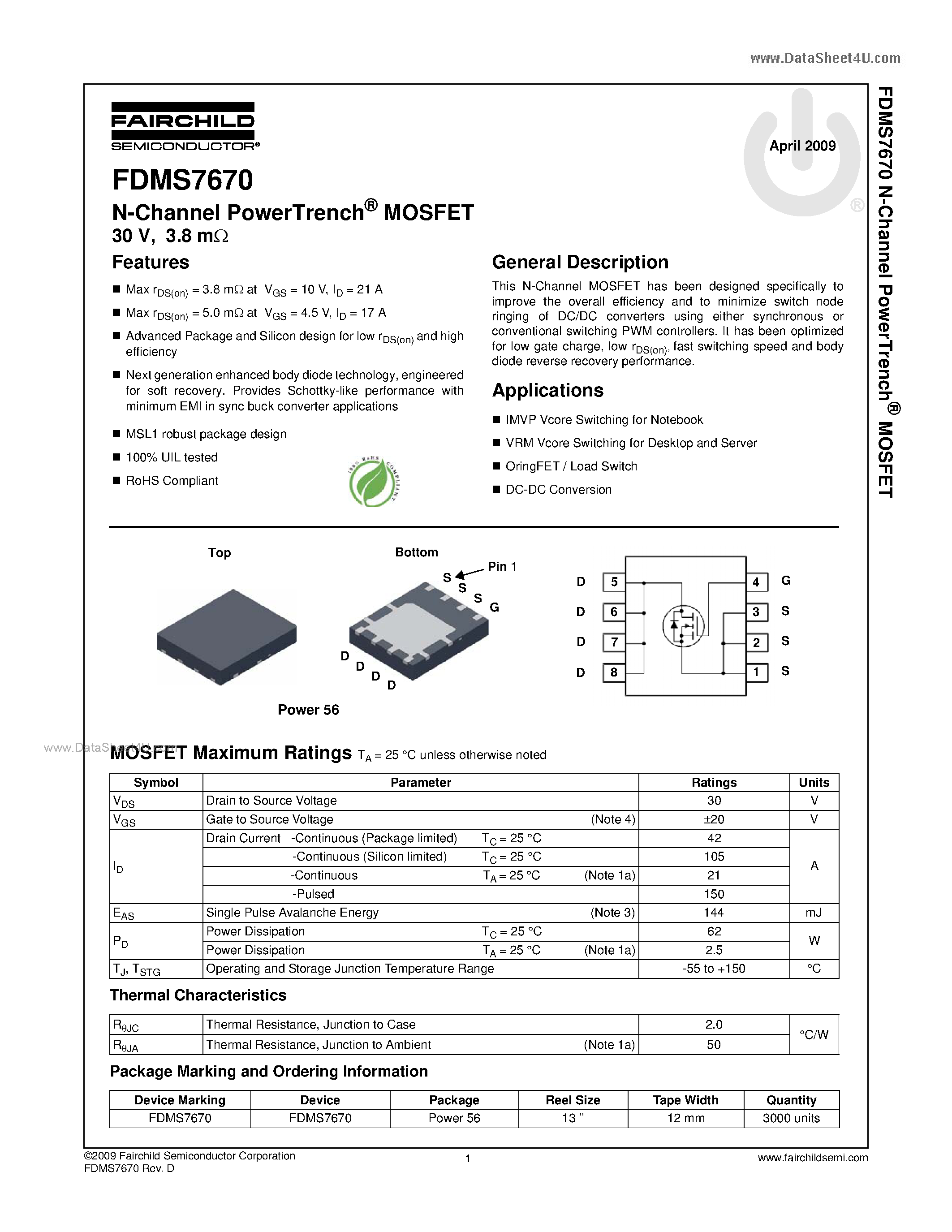 Datasheet FDMS7670 - N-Channel MOSFET page 1