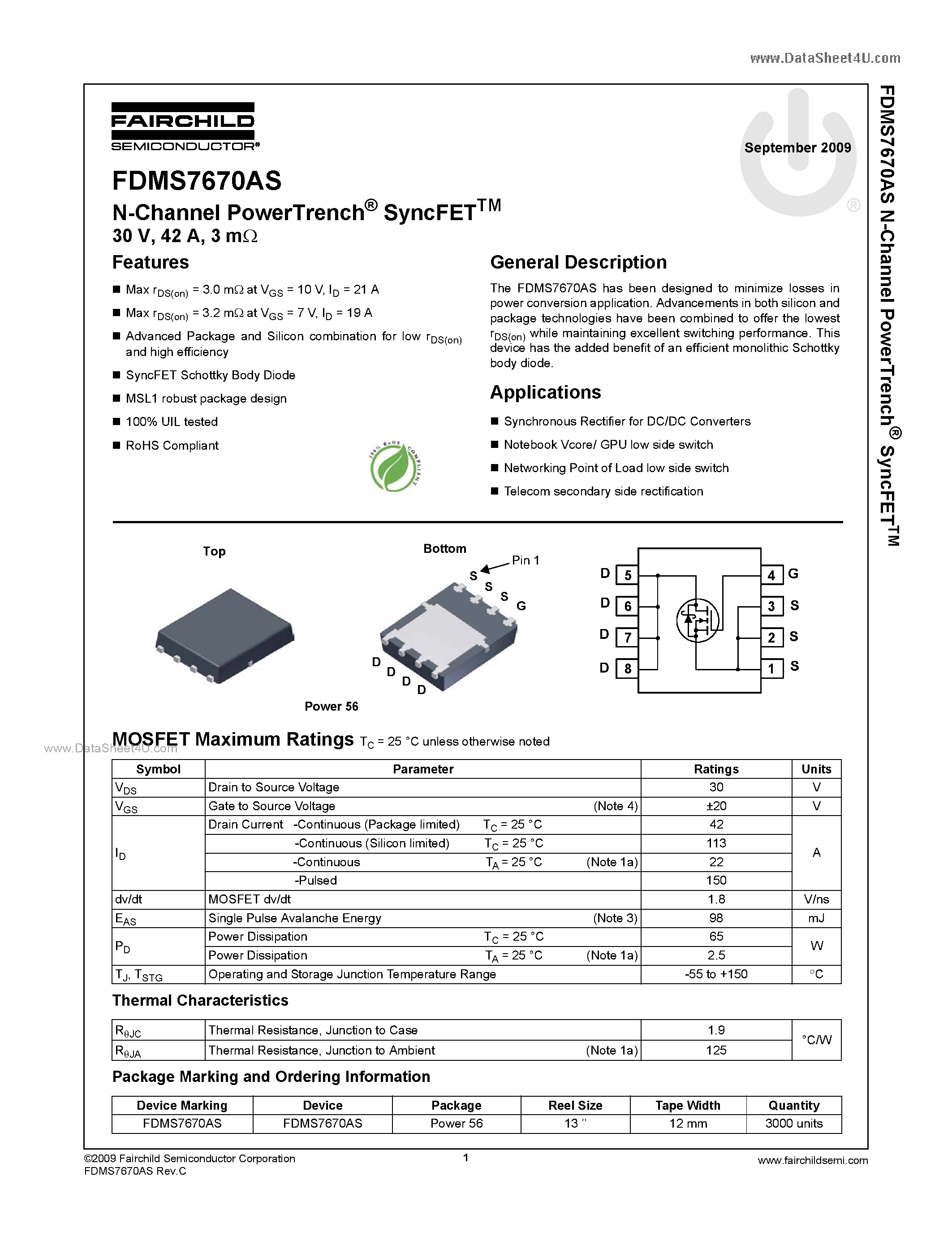 Datasheet FDMS7670AS - N-Channel MOSFET page 1