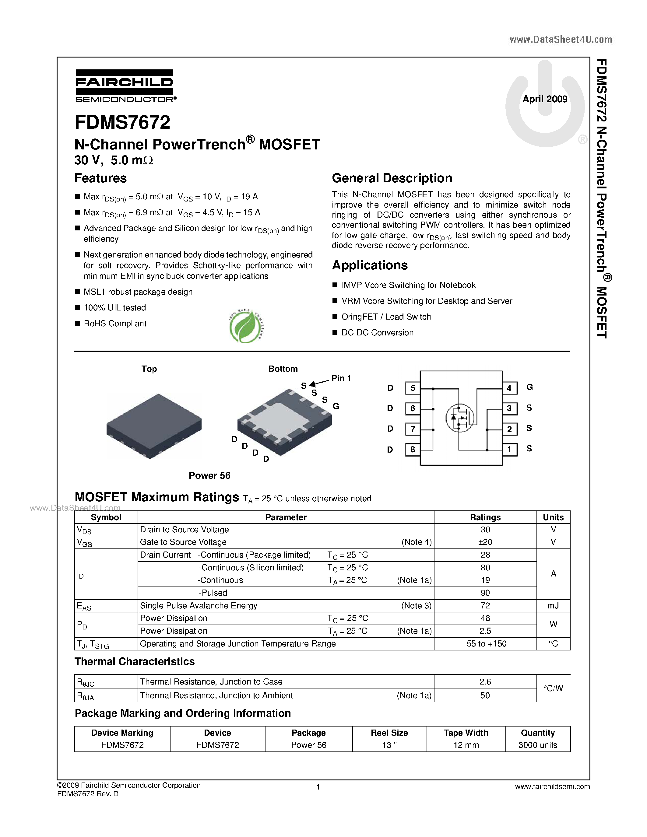 Datasheet FDMS7672 - N-Channel MOSFET page 1