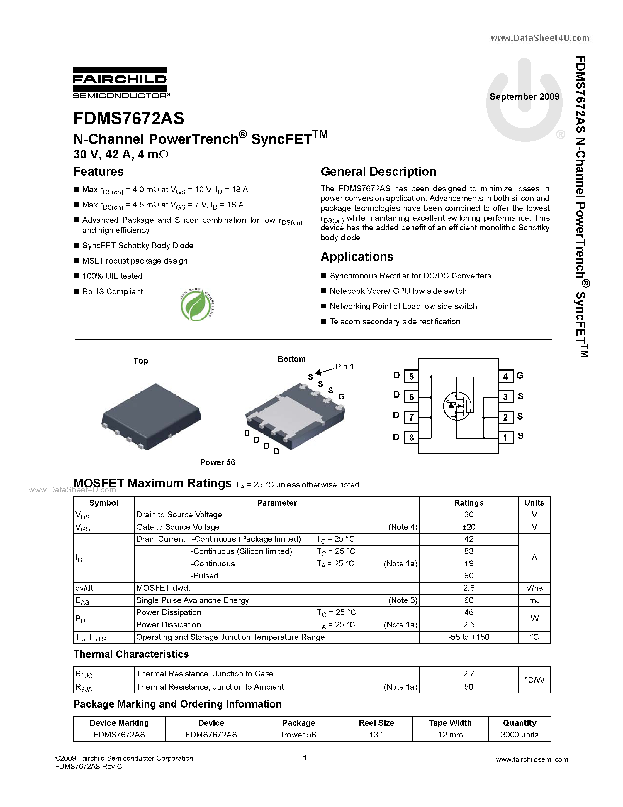 Datasheet FDMS7672AS - N-Channel MOSFET page 1