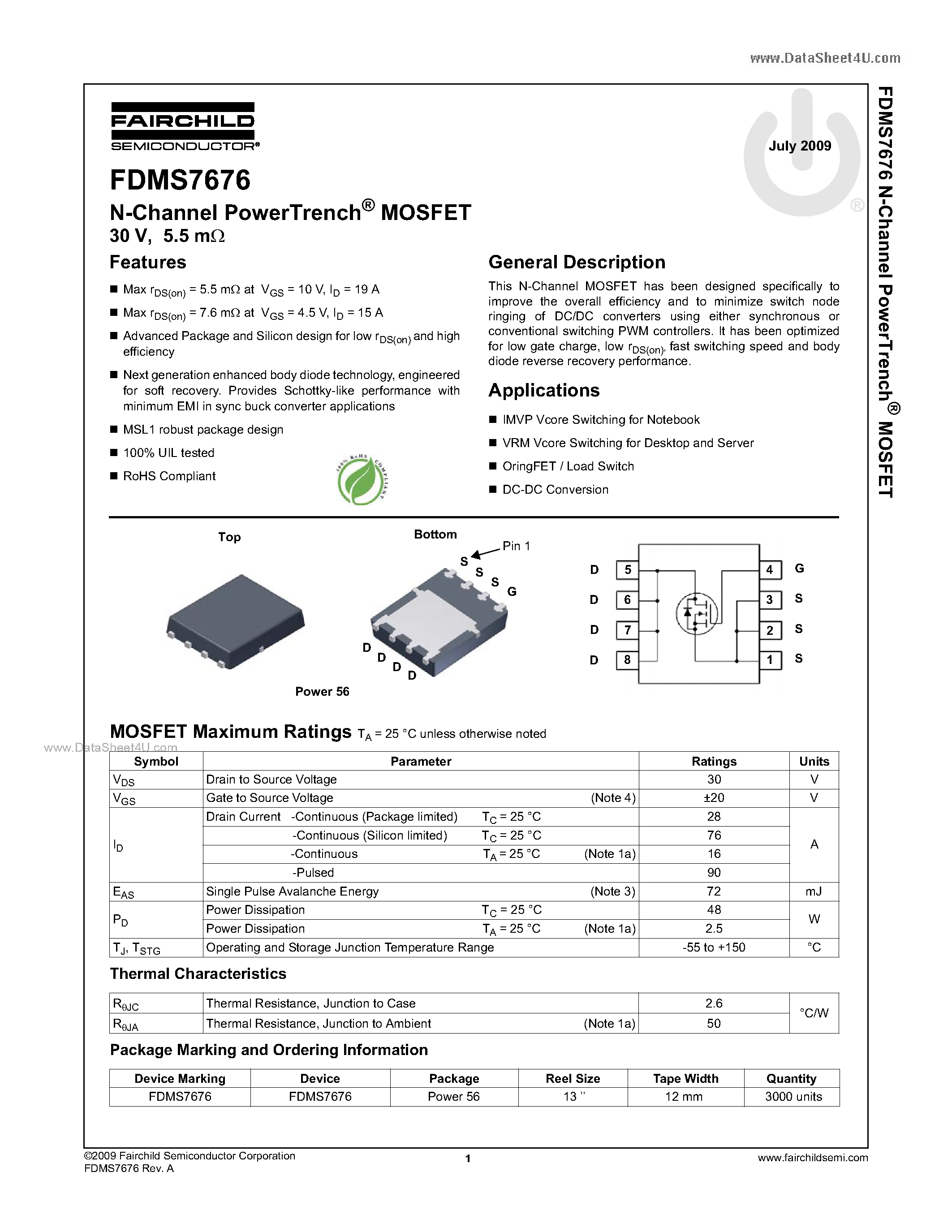 Datasheet FDMS7676 - N-Channel MOSFET page 1