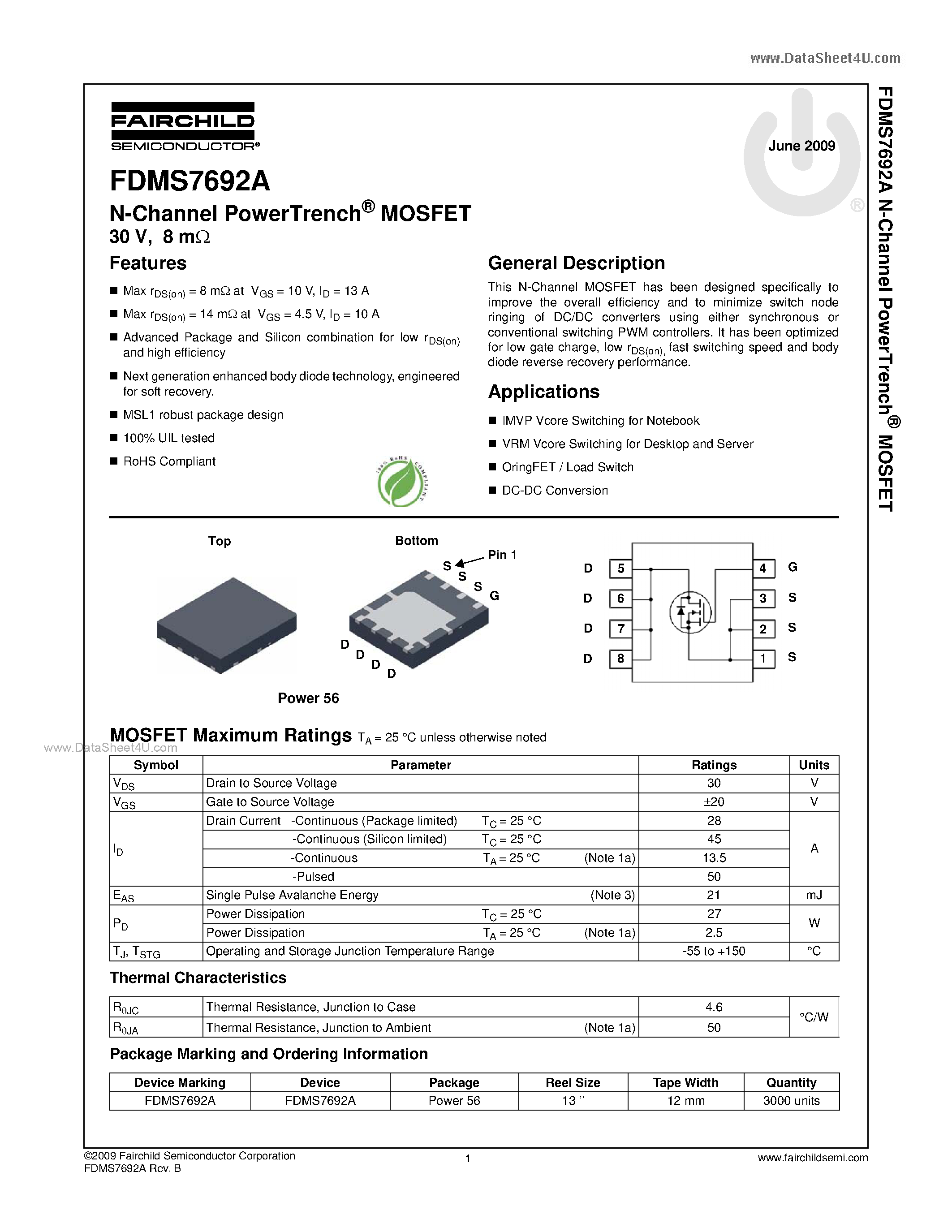 Datasheet FDMS7692A - N-Channel MOSFET page 1