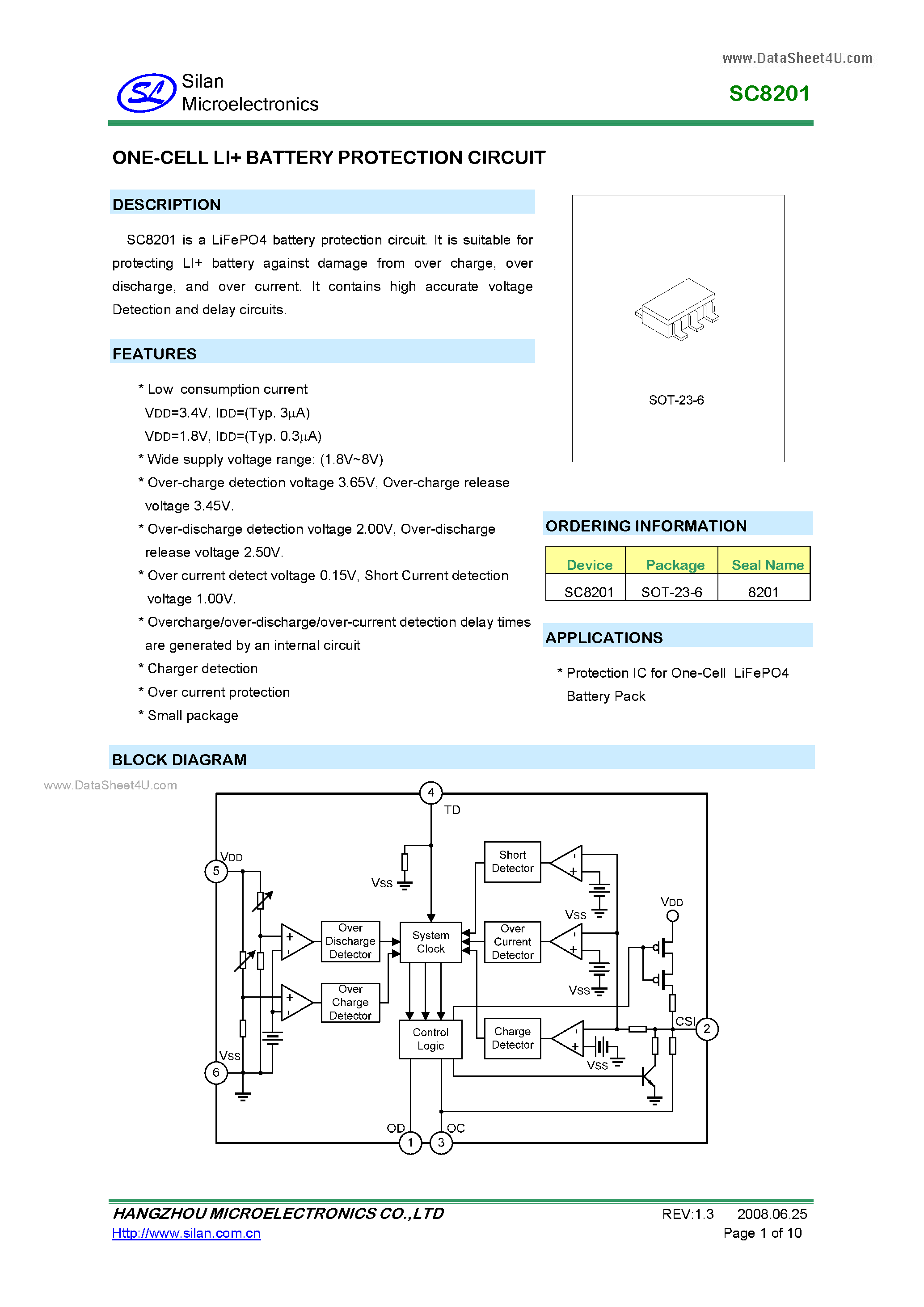 Datasheet SC8201 - ONE-CELL LI BATTERY PROTECTION CIRCUIT page 1