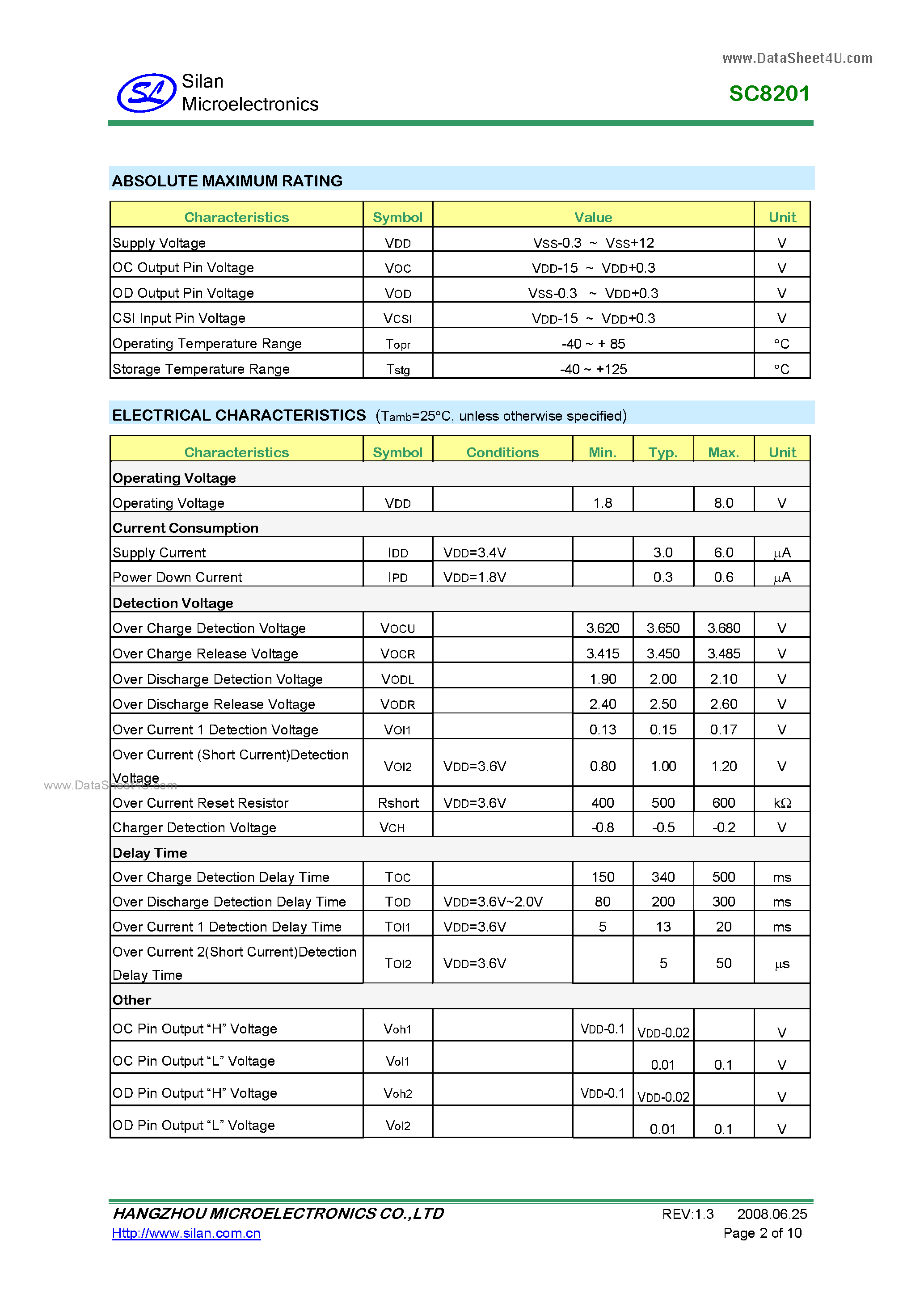 Datasheet SC8201 - ONE-CELL LI BATTERY PROTECTION CIRCUIT page 2