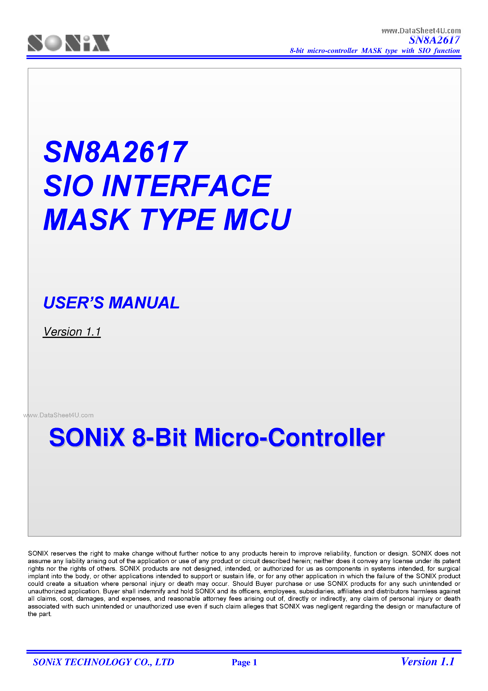 Datasheet SN8A2617 page 1 Datasheet SN8A2617 - 8-Bit Micro-Controller page 1