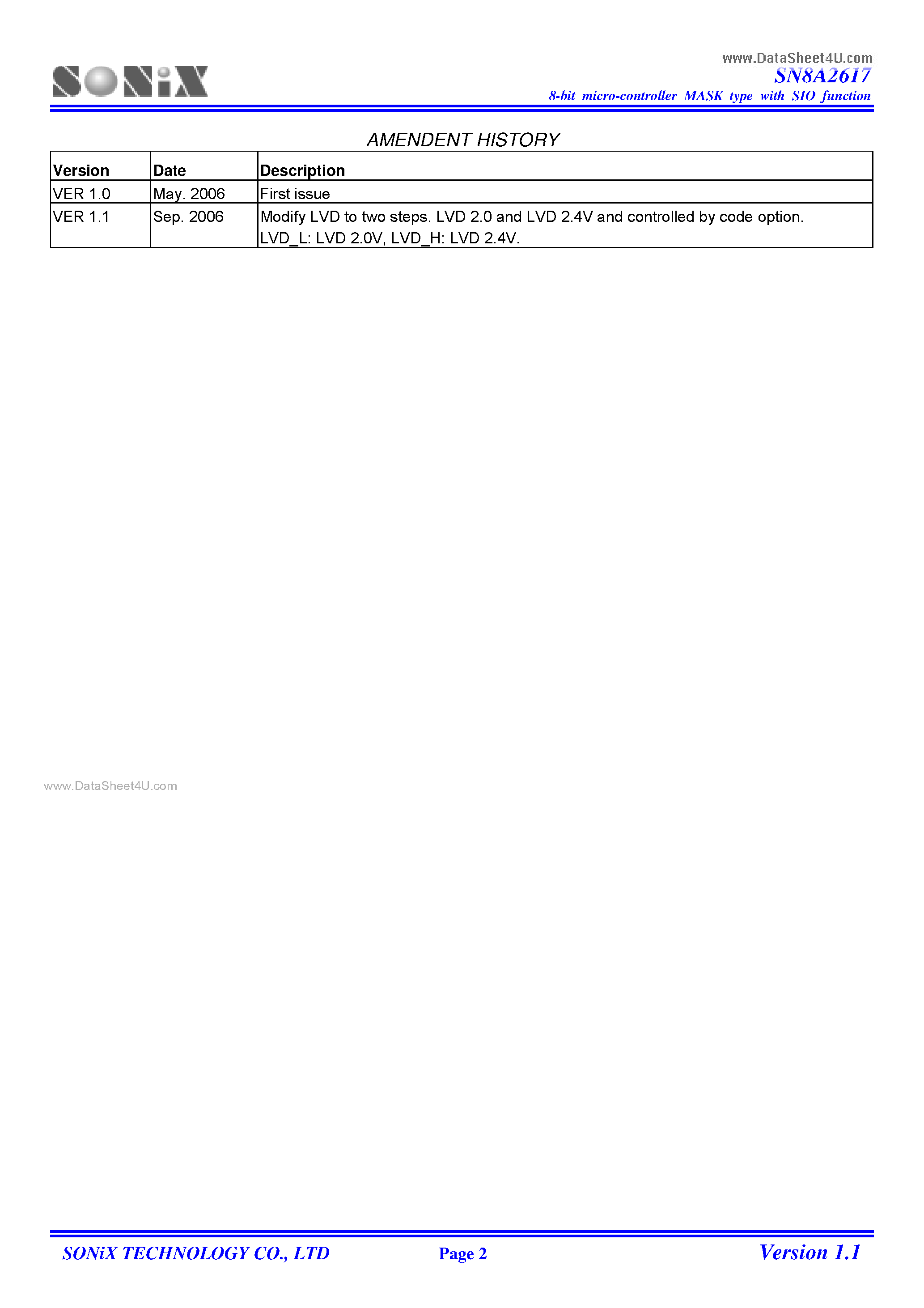 Datasheet SN8A2617 page 2 Datasheet SN8A2617 - 8-Bit Micro-Controller page 2